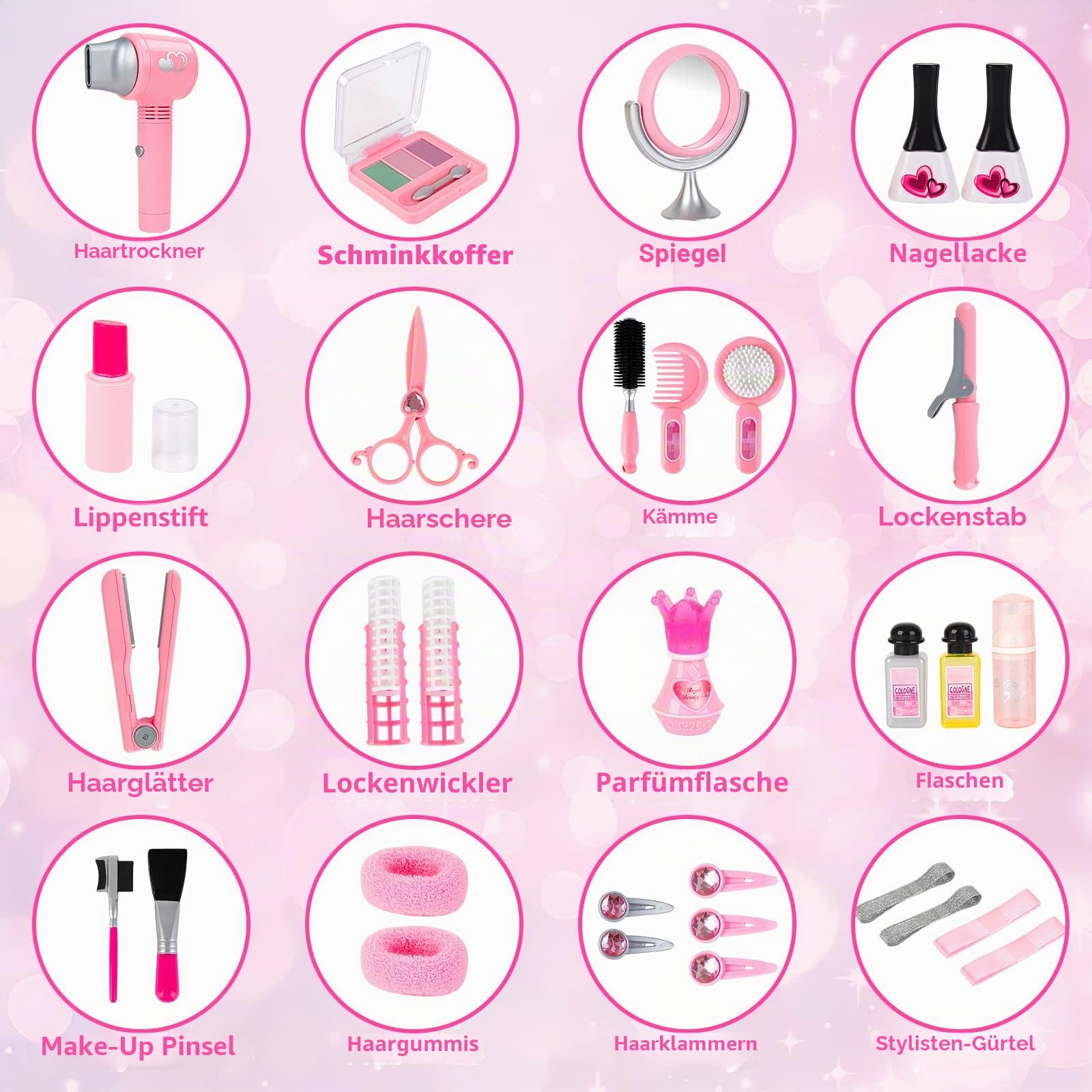 deAO Schönheitssalon-Set für Mädchen, 35-teilig, Modespiel mit Haartrockner, Spiegel, Lockenstab und anderem Zubehör, simuliertes Make-up-Set für Kinder