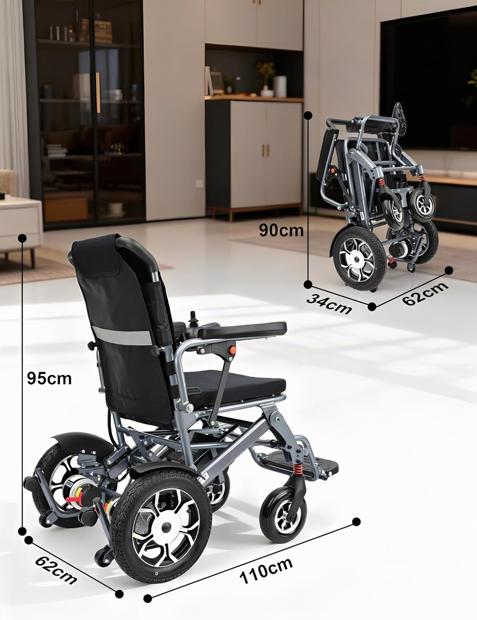 Sillas de ruedas eléctricas motorizadas ligeras plegables, 14,5 kg, motores duales, plegables inteligentes, scooters de movilidad para adultos