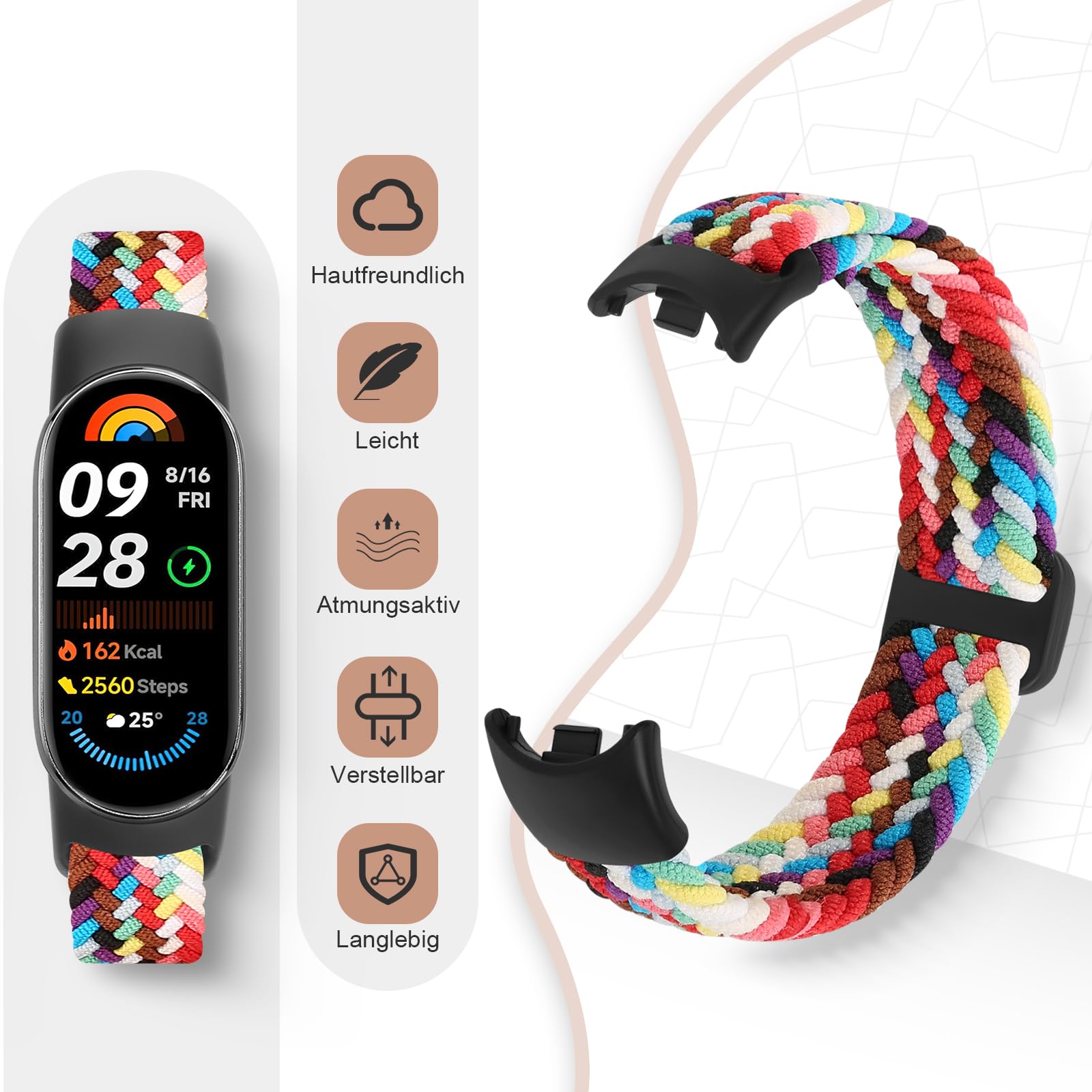 Geflochtenes Armband Kompatibel mit Xiaomi Smart Band 10/9/8, Elastisches Nylon Solo Loop Ersatzarmband für Damen Herren