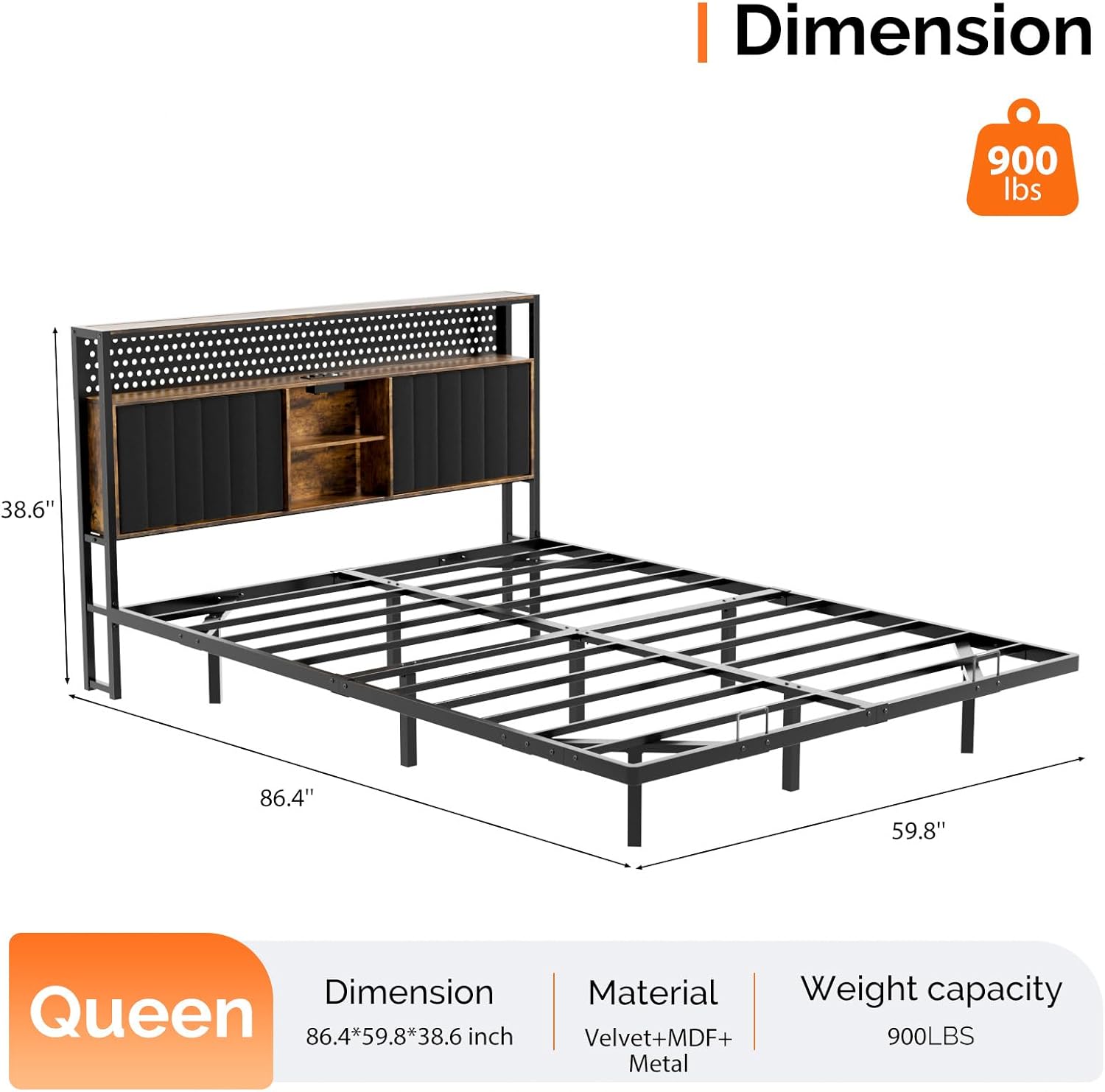 VINGLI Queen Size Floating Bed Frame with LED Lights and Charging Station, Cozy Hidden Storage Velvet Upholstered Bookcase Headboard,No Box Spring Needed,Easy Assembly,Black
