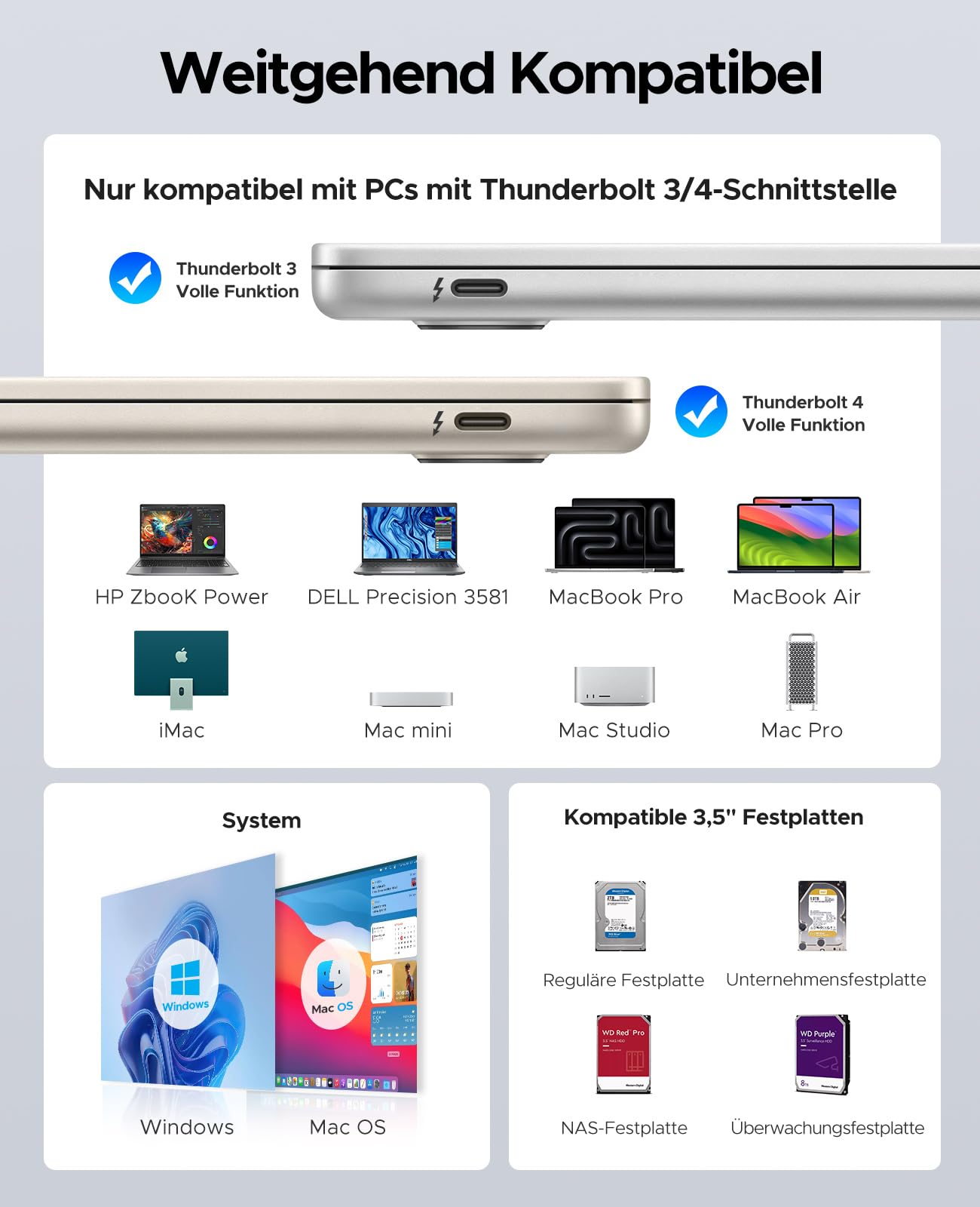 ORICO Estación de Carga para Disco Duro de 5 bahías, 40 Gbps, de Aluminio, para HDD de 3,5 Pulgadas hasta 5 x 22 TB, con Conector DP y Puerto de expansión USB-C, sin Disco Duro (Modelo 9858T3)