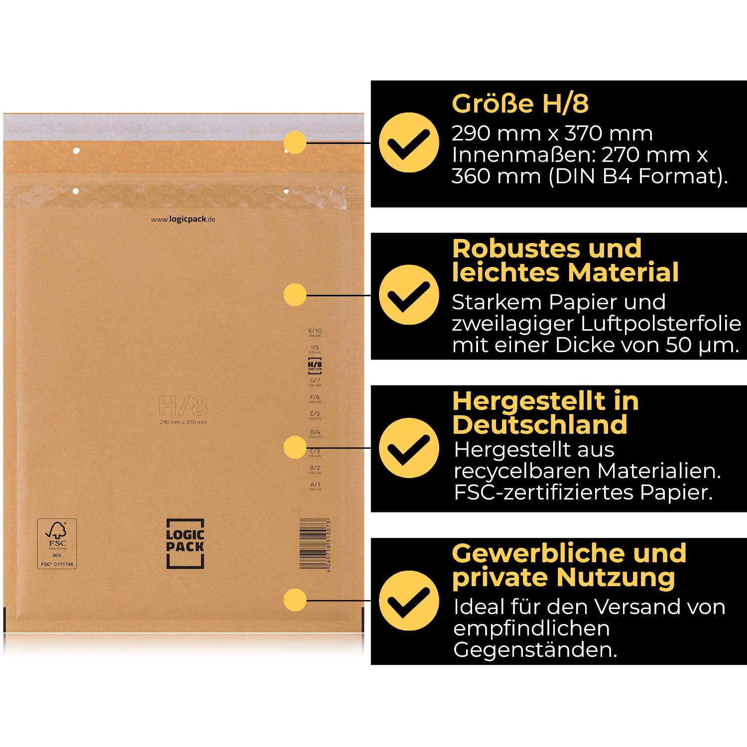 Produktbild von Luftpolsterumschläge H8 – 290x370 Mm, Braun, Selbstklebend – 100% Schutz!