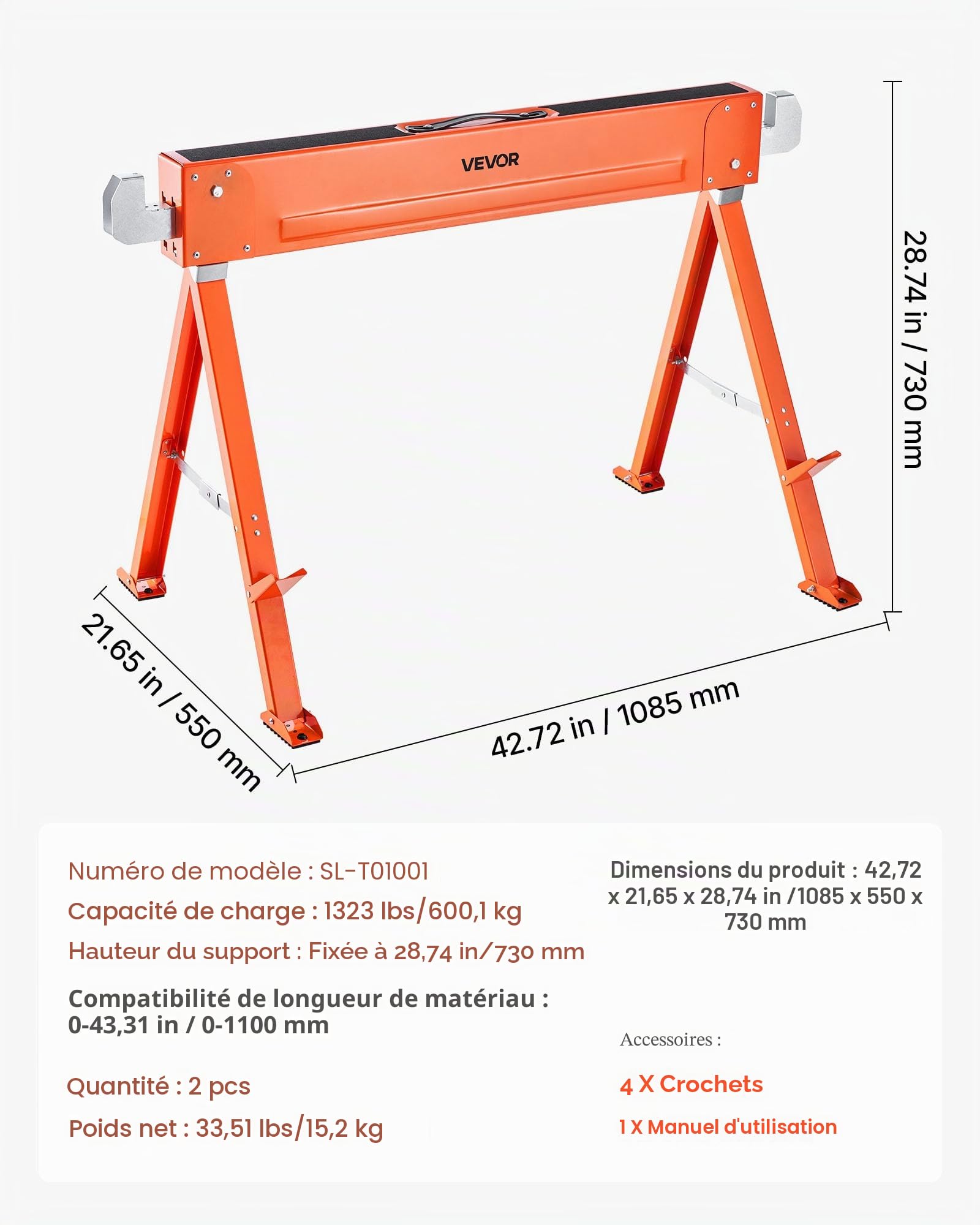 VEVOR Chevalet de Sciage, Lot de 2, Tréteau de Sciage Pliable, Capacité de Charge 600 kg, avec Pieds Robustes, Patins Antidérapants, Outil Tout en Métal pour Menuiserie, Menuisiers, Bricoleurs Bois