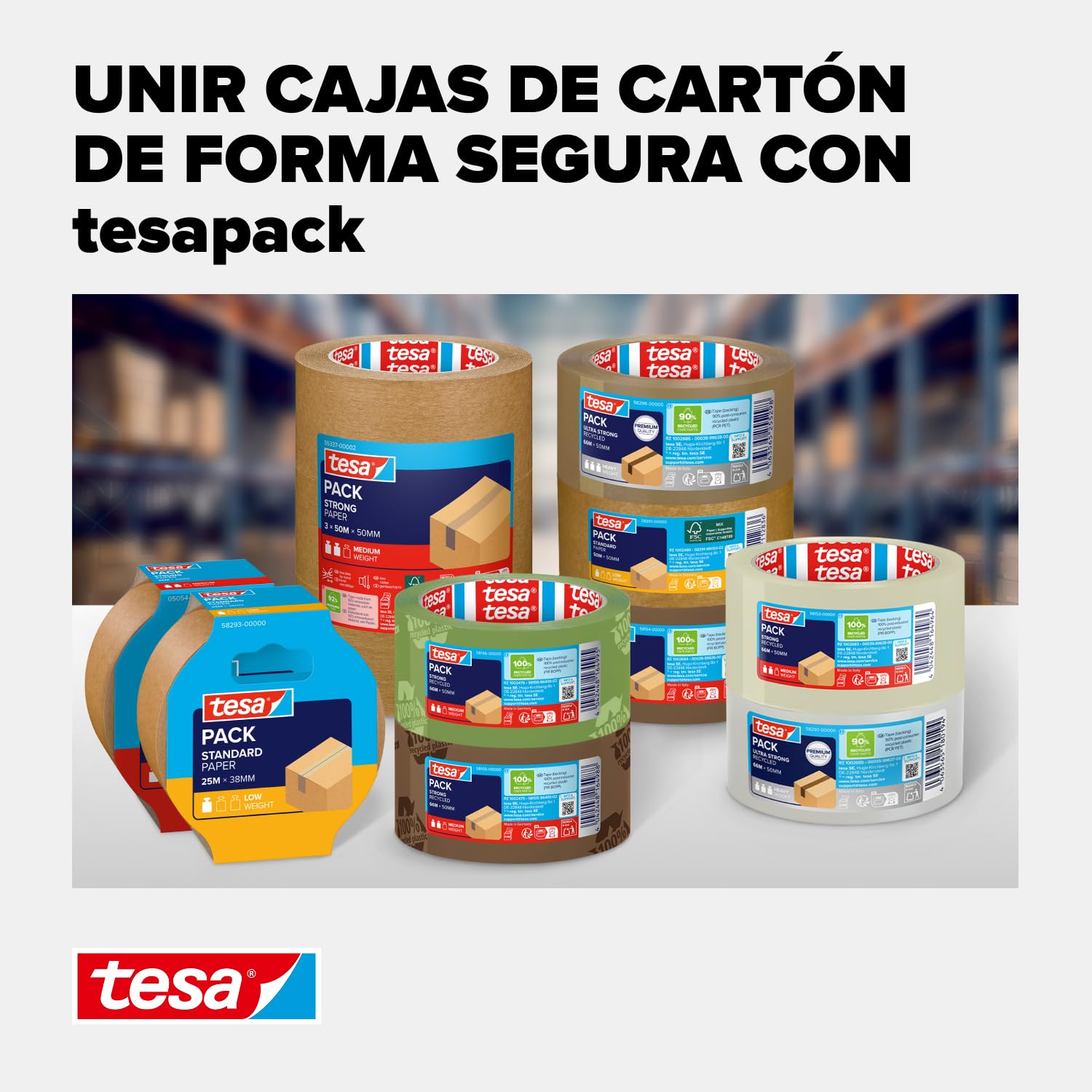 tesa tesapack STANDARD PAPER - Cinta de embalaje de papel - 56% de materiales renovables - Rasgable a mano - Cinta de embalaje para paquetes ligeros - Marrón - 50 m x 50 mm
