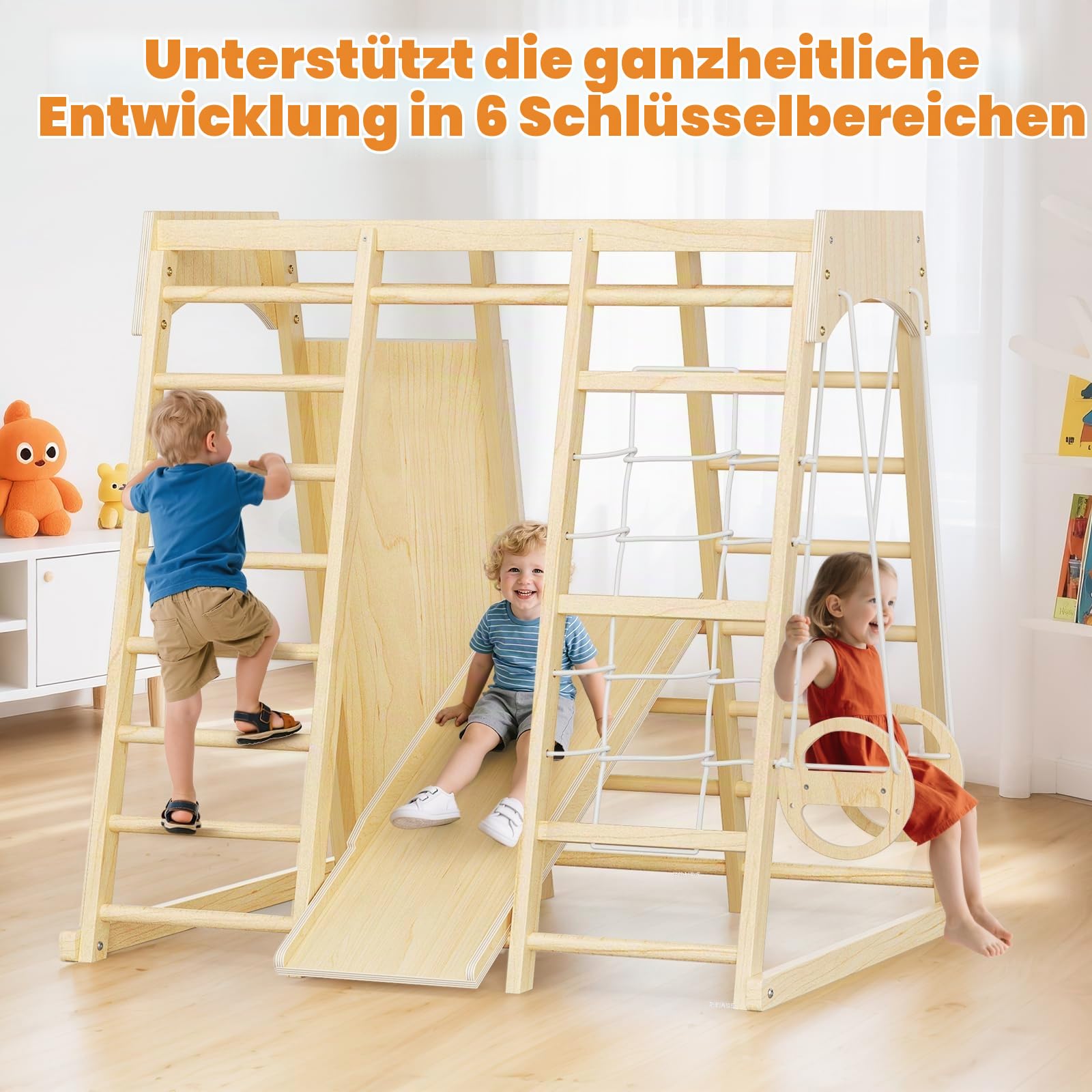 9-in-1-Klettergerüst für den Innenbereich für Kinder, Indoor-Spielplatz aus Holz mit Rutsche und Schaukel, Montessori-Kletterset mit Kletternetz und Klettergerüst