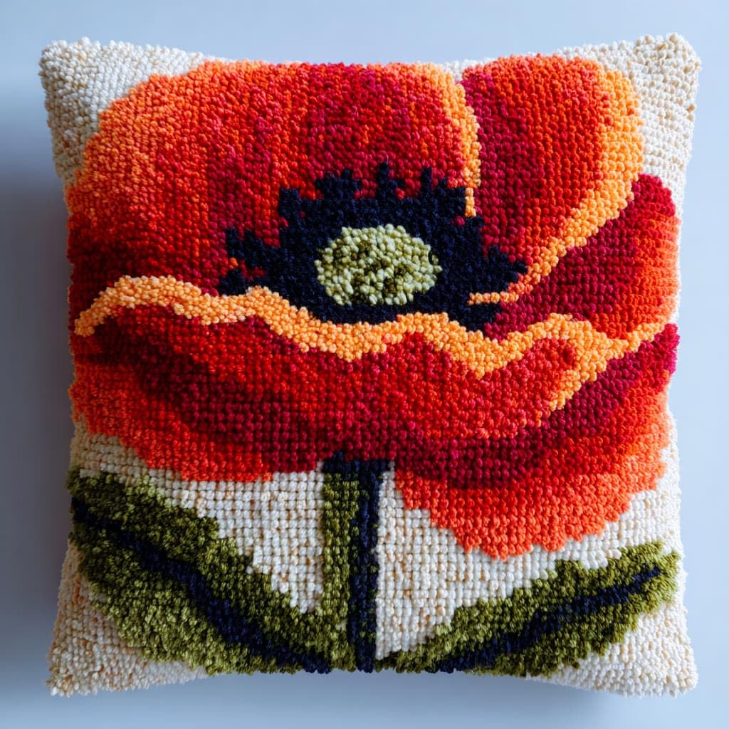Taxpy DIY Latch Hook Kits, Red Flowers Pillow Embroidery Carpet Set Needlework Crocheting Cushion Pillow Case Embroidery Set 43x43cm