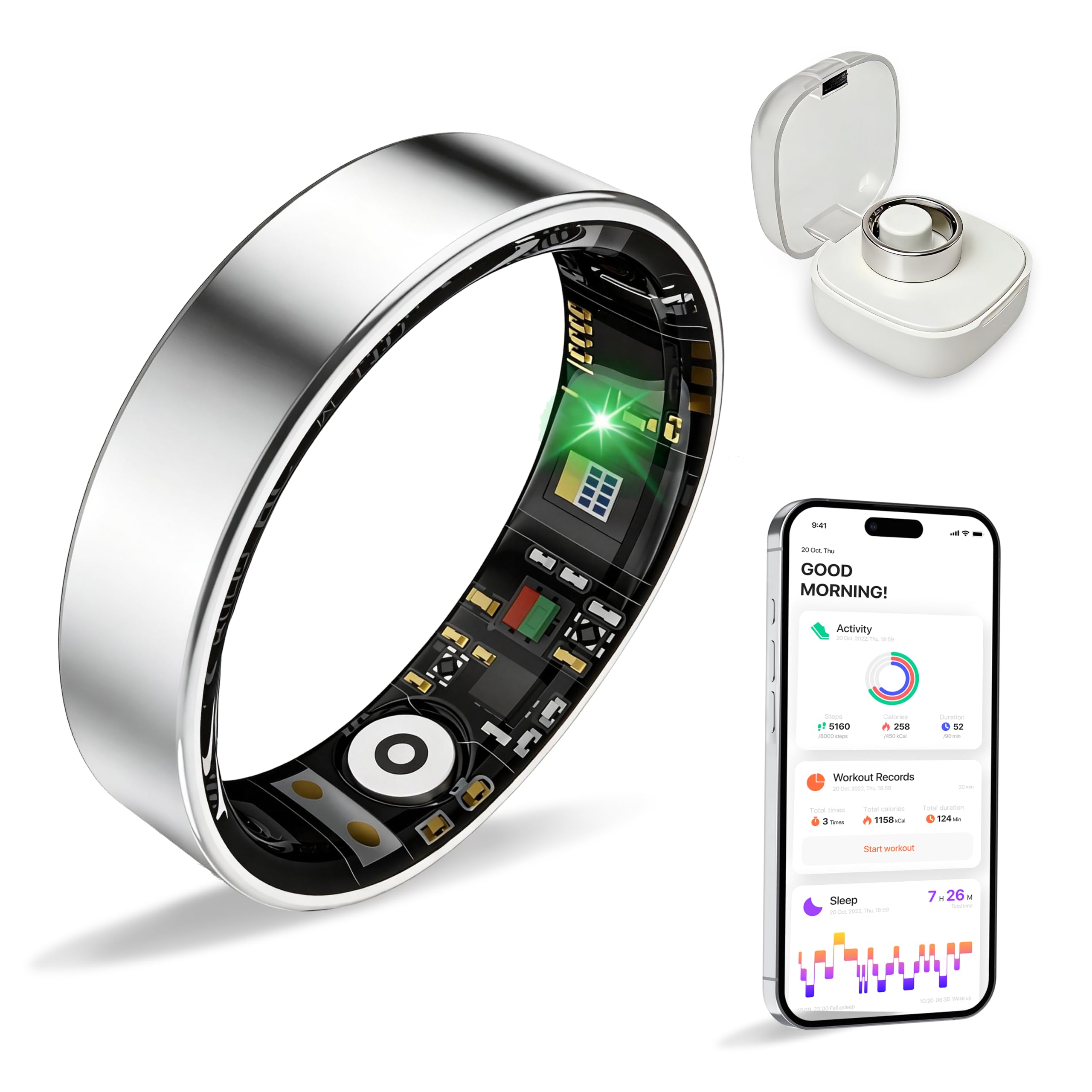 Smart Ring Health Tracker per donne e uomini, monitoraggio della salute dell'esercizio del sonno, monitoraggio giornaliero, compatibile con iOS/Android, impermeabile IP68, nessun abbonamento richiesto