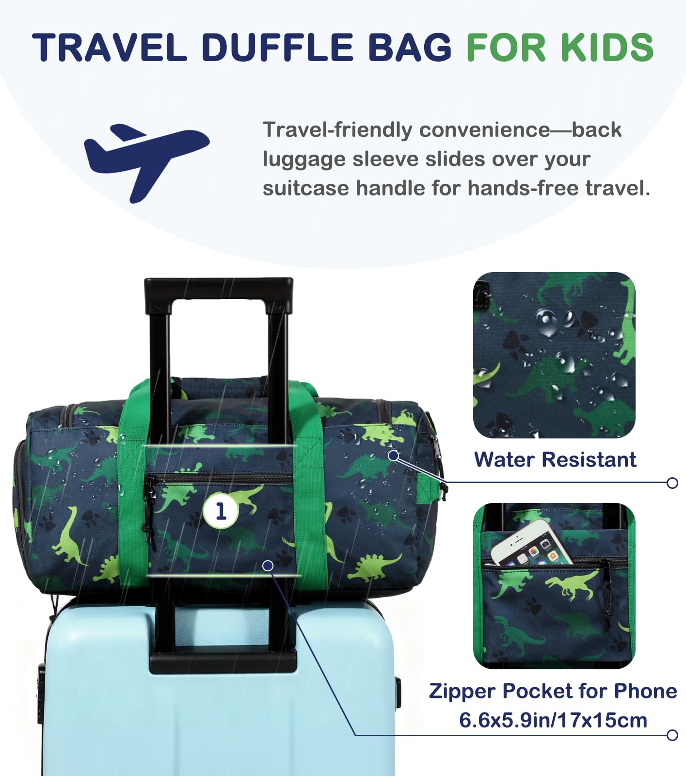 VASCHY Borsa Piscina Bambino, Borsa da Viaggio Bambini 24L Impermeabile con Compartimento Umido-Seco per Palestra Dinosauro Verde