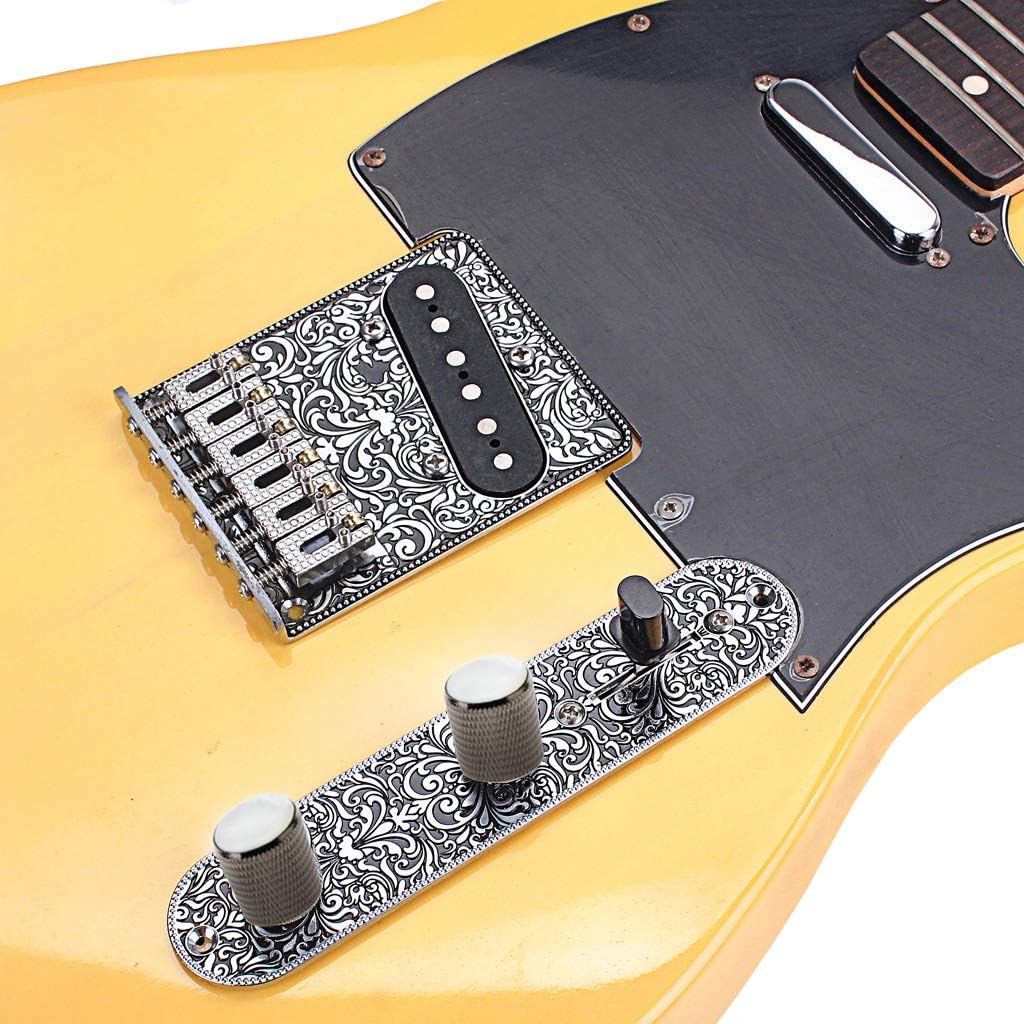 Alnicov 6 Strings Saddle Bridge Plate, 3 Way Switch Control Plate, Neck Pickup Set for Fender Telecaster Electric Guitars Replacement Parts (Black)