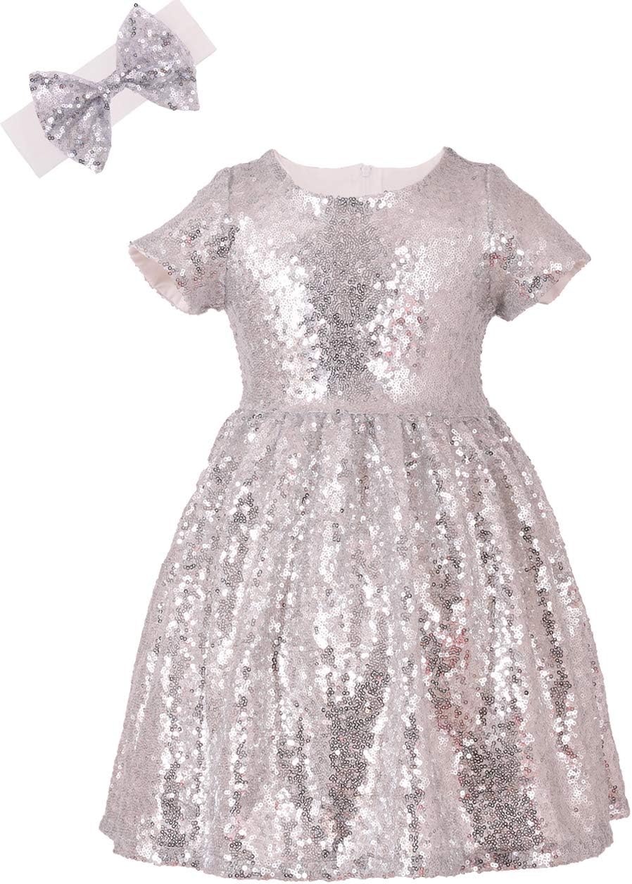 ANATA Girls Sequin Dress Party Solid Toddler Baby Princess Dresses Little Girls Short Sleeve Wedding Gown with Headband