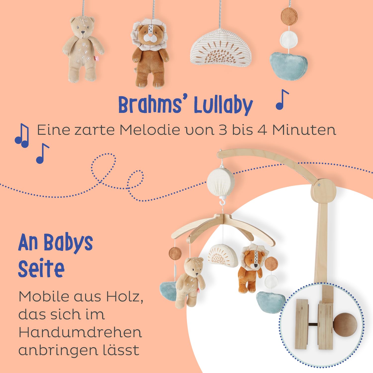 Noukie's - Mobile mit Musik Holz Pastel Babou & Kendi - Mobile Wiege, Gitterbett, Laufstall - Lernspielzeug