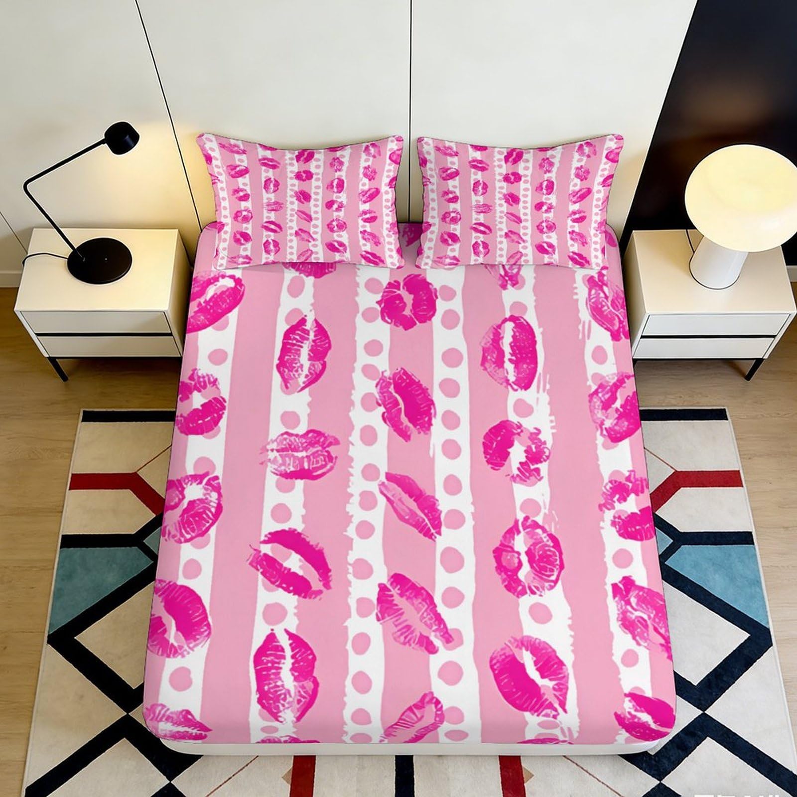 Uxinyoume Style-9 3D Printed Pink Lips Fitted Sheet Microfiber Soft Slip-Resistant Kiss Pattern Bed Sheet For Bedroom Dorm Mattress Protection Decor 90X200x25cm