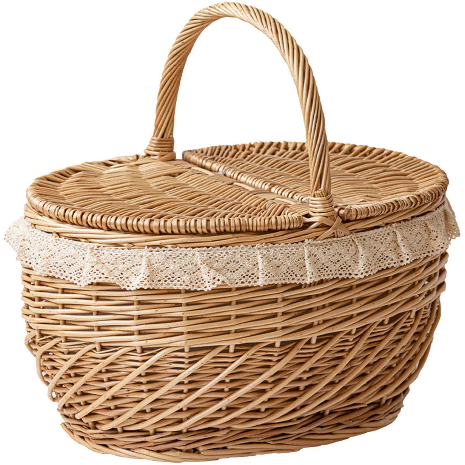 Storage Basket,Rattan Flower, Wicker Picnic with Lid and Handle Sturdy Woven Body for Easter,Mother's Day,Outdoor Camping,Vintage-Style Hamper