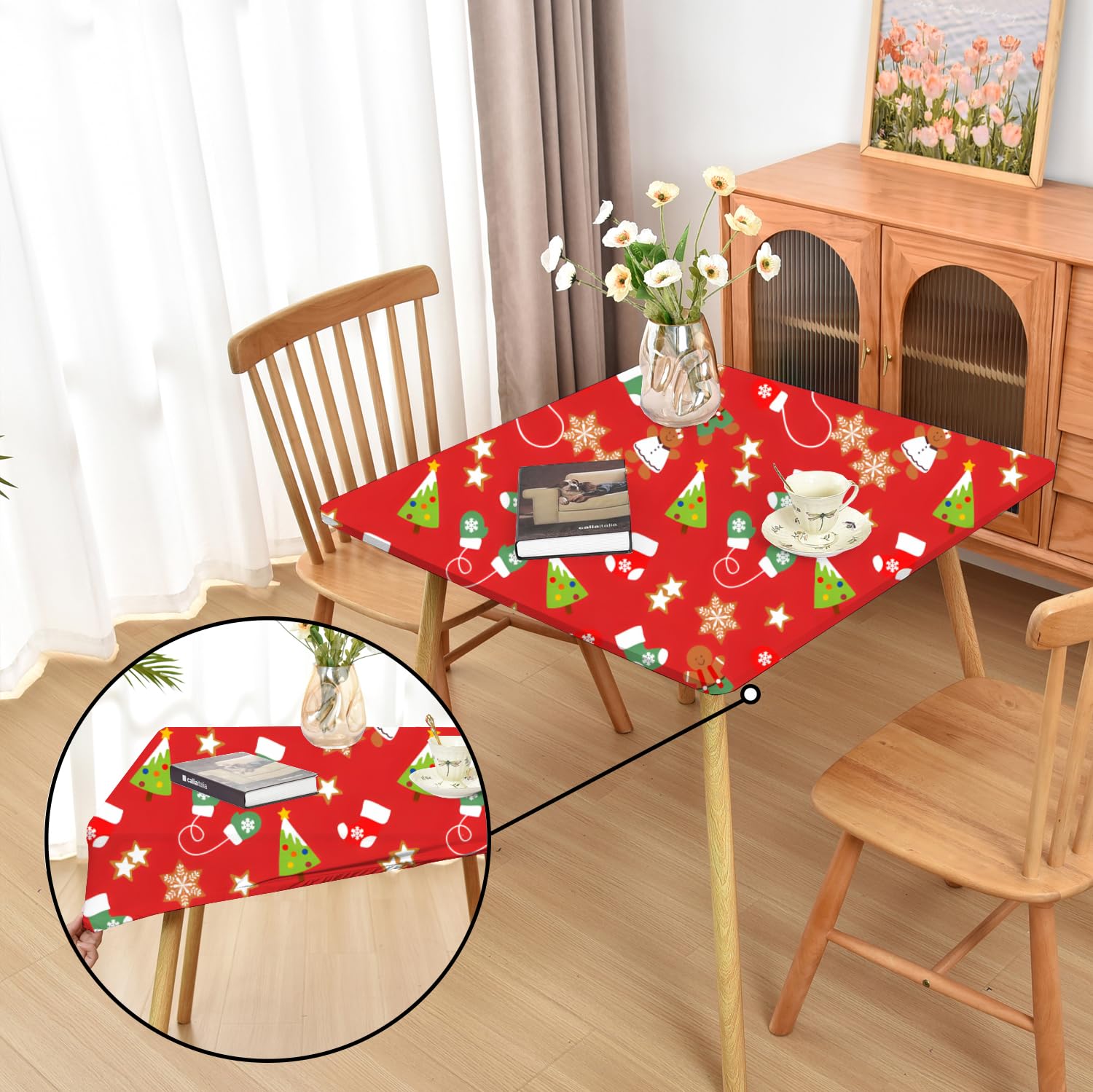 Amonsa Red Christmas Fitted Tablecloth with Elastic for 38x38 inch Square Folding Tables Washable Stretchy Spandex Card Table Covers Cute Cloth Fabric Table Cloths Not Vinyl — image 1