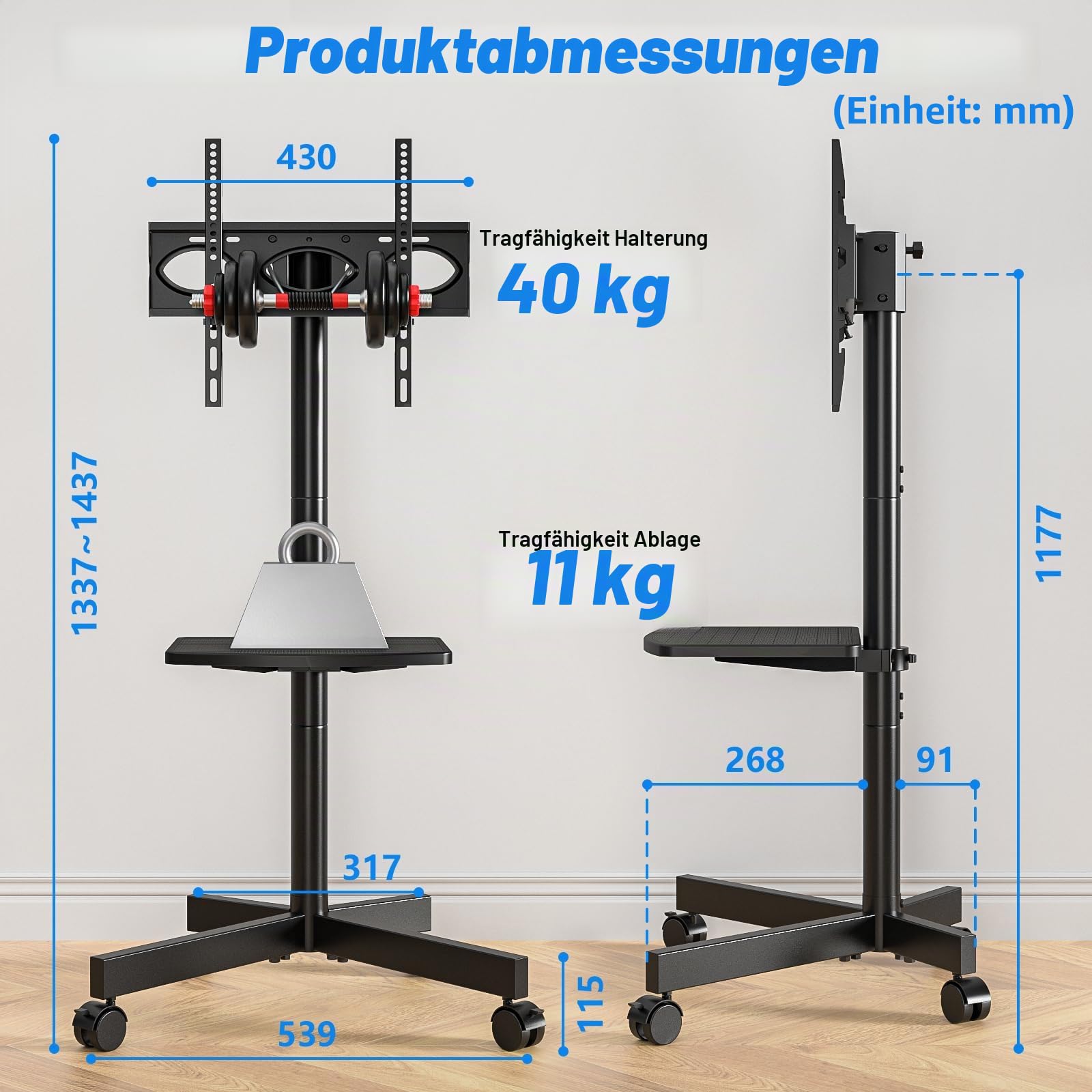 RFIVER TV Ständer Rollbar TV Wagen auf Rollen für 27-60 Zoll Fernseher Fernsehständer TV Standfuss Höhenverstellbar Neigbar Max. 40 KG VESA 400x400 mm