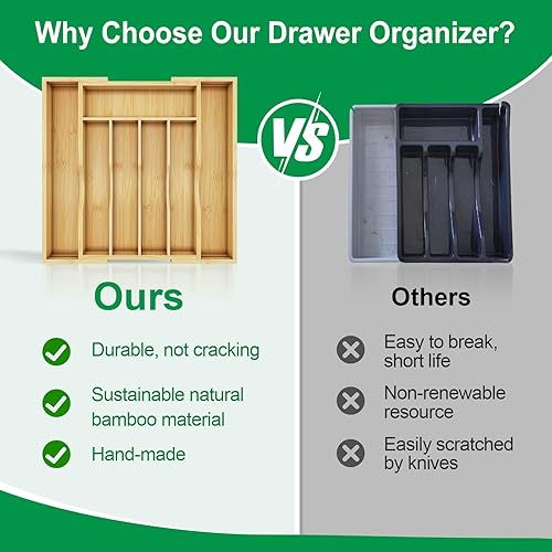 Miniatura 4 de BAMBUROBA Organizador de cajones de cocina de bambú, organizador de cubiertos expandible, paquete de 2 soportes para utensilios y bandeja de