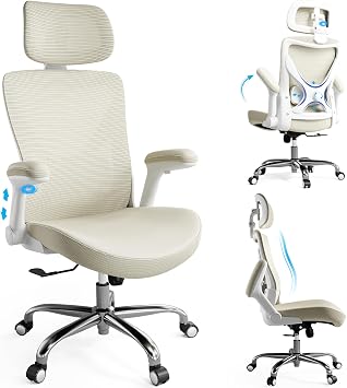 Ergalithic Office Home Ergonomic Desk Chair-Computer X-Shaped Chair Mesh PU Leather with Adjustable Lumbar Support-Executive Chair High Back Flip-Up Arms Long Hours Beige