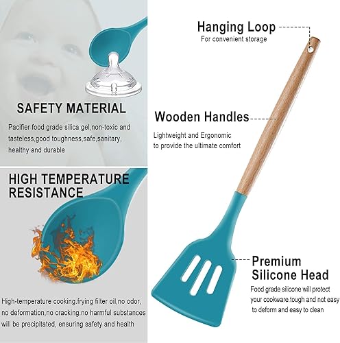 Miniatura 3 de Zilnax - Juego de utensilios de cocina de silicona resistente al calor, juego de utensilios de cocina antiadherentes, mango de madera, juego de