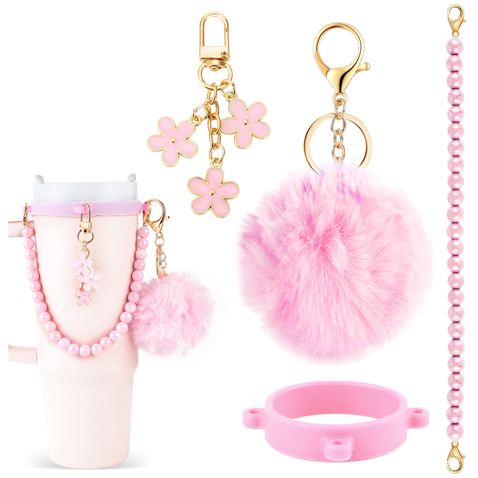 4Pcs Water Bottle Accessories for Owala Stanley Cup Accessories Set Pink Water Bottle Handle Strap Decoration Charms Cute Tumbler Cup Accessories Set for Women Water Bottle Holder Carrier with Strap,