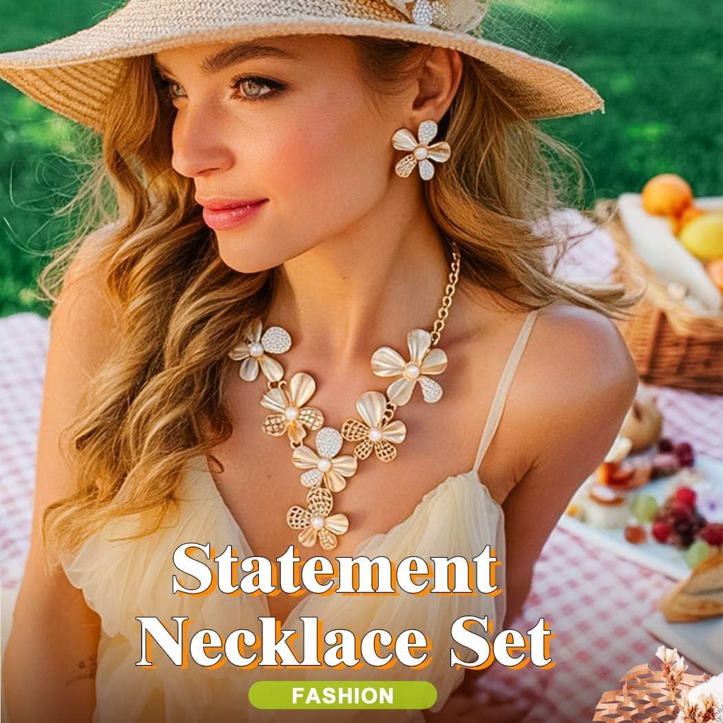 Yonamix Gold Flower Jewelry Set African Statement Necklace Earrings Sets for Women - Image 5