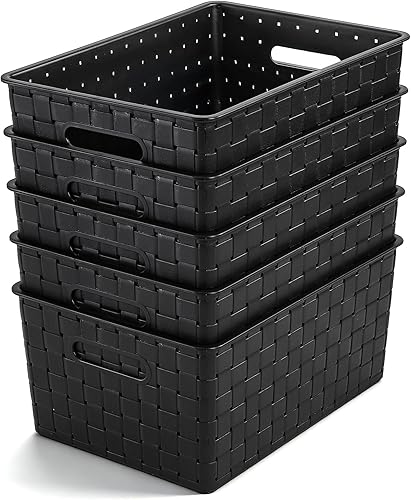 Bekith 5 Pack Woven Plastic Storage Basket, Small Plastic Storage Bin, Rectangular Cabinet Organizer for Home & Office, 9.8" L x 7" W x 4.5" H