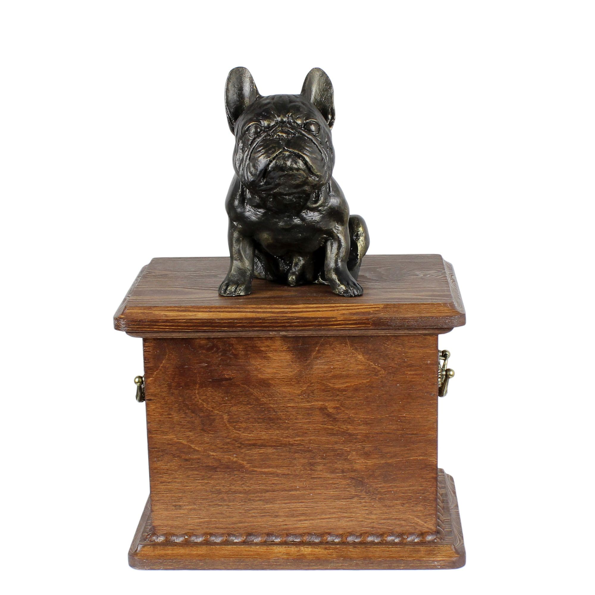 Art-Dog Urn for Dog Ashes - Handmade Memorial with Cold Cast Bronze Statue – Custom Pet Memorial Urn for Pet's Name, Dates, and Sculpture – 8.3x11.4x8.7” – French Bulldog I