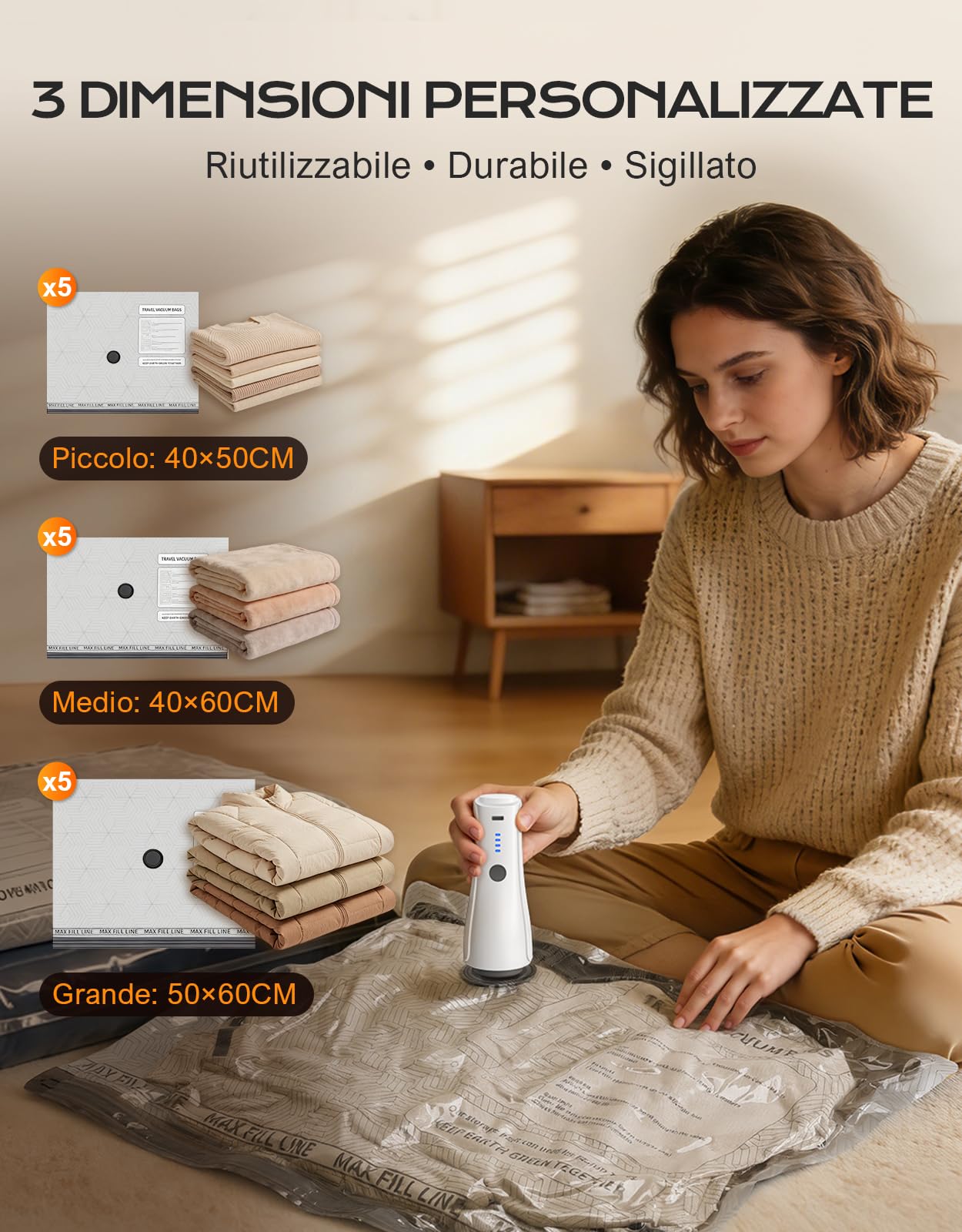 CIRYCASE 15PCS Sacchetti Sottovuoto Vestiti con Pompa Elettrica -5000PA | 2000mAh Portatile Buste Sottovuoto Compressione, Riutilizzabile Salvaspazio, Organizer per Bagagli/Deposito Domestico/Viaggi