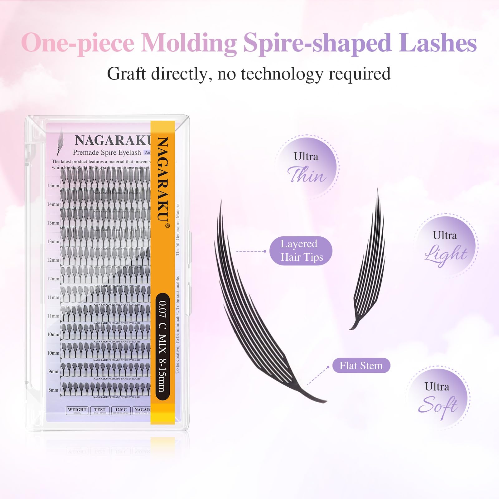 NAGARAKU Spire Shaped Eyelashes Extensions Air Series Premade Volume Lashes 0.07mm D Curl 8mm-15mm Mix Length 240 Clusters Wet Set/Anime/Manga Styles Lashes - Image 2