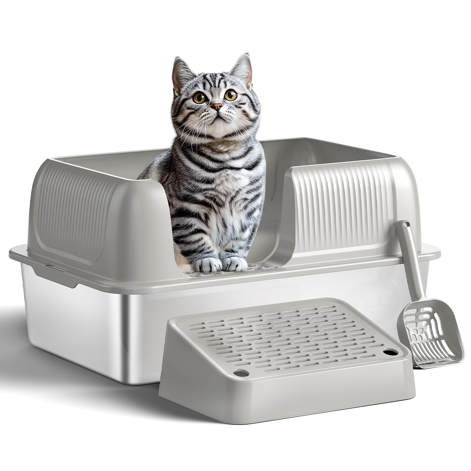 Stainless Steel Litter Box,Extra Large Litter Box with Lid for Big Cats, Metal Litter Box High Sided, Kitty Litter Box with Scoop, No Odor, Non-Sticky, Anti-Leakage, Easy Cleaning Gray