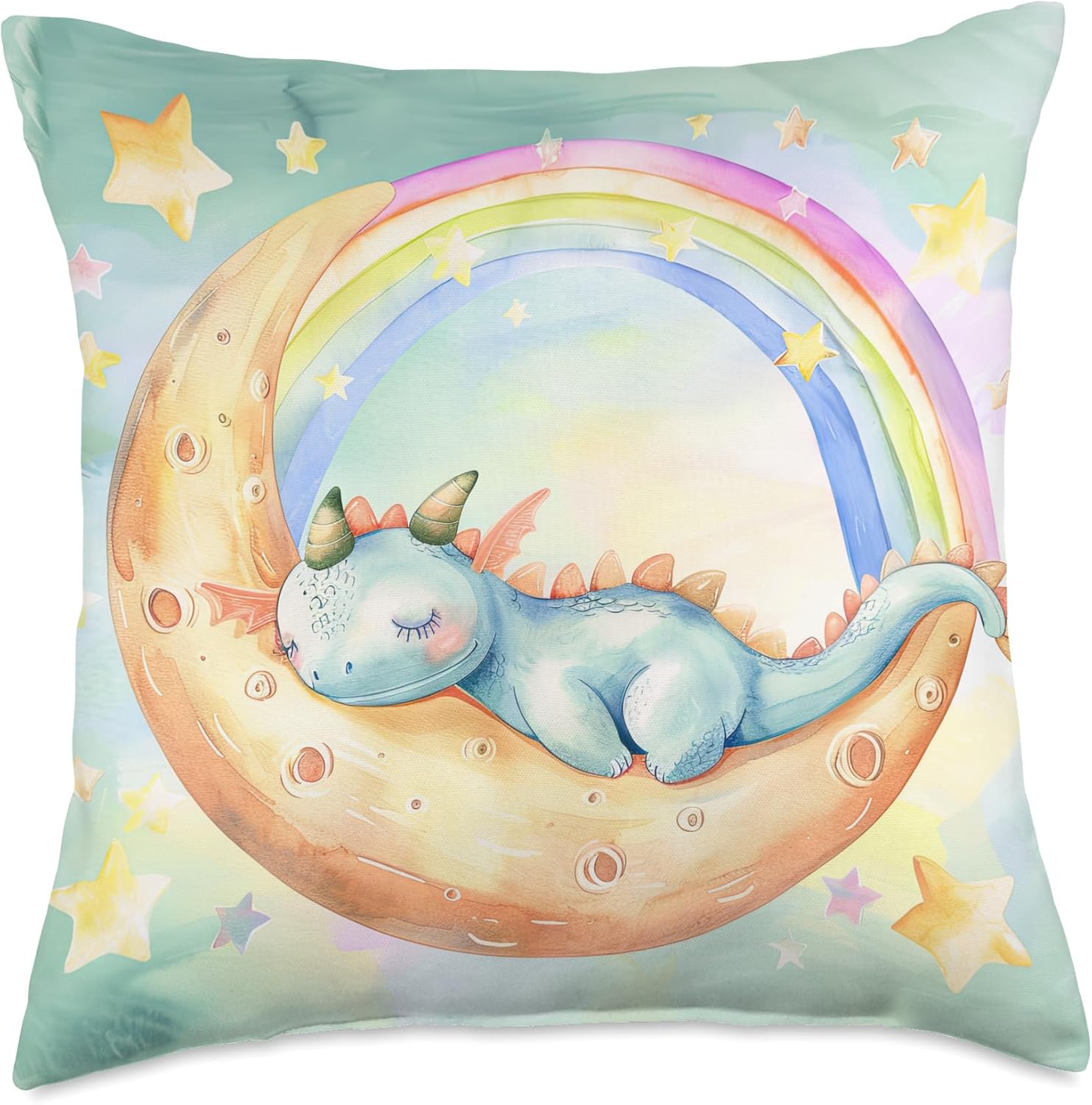 Sleeping Dragon Moon Stars Baby Nursery Watercolor Art Throw Pillow