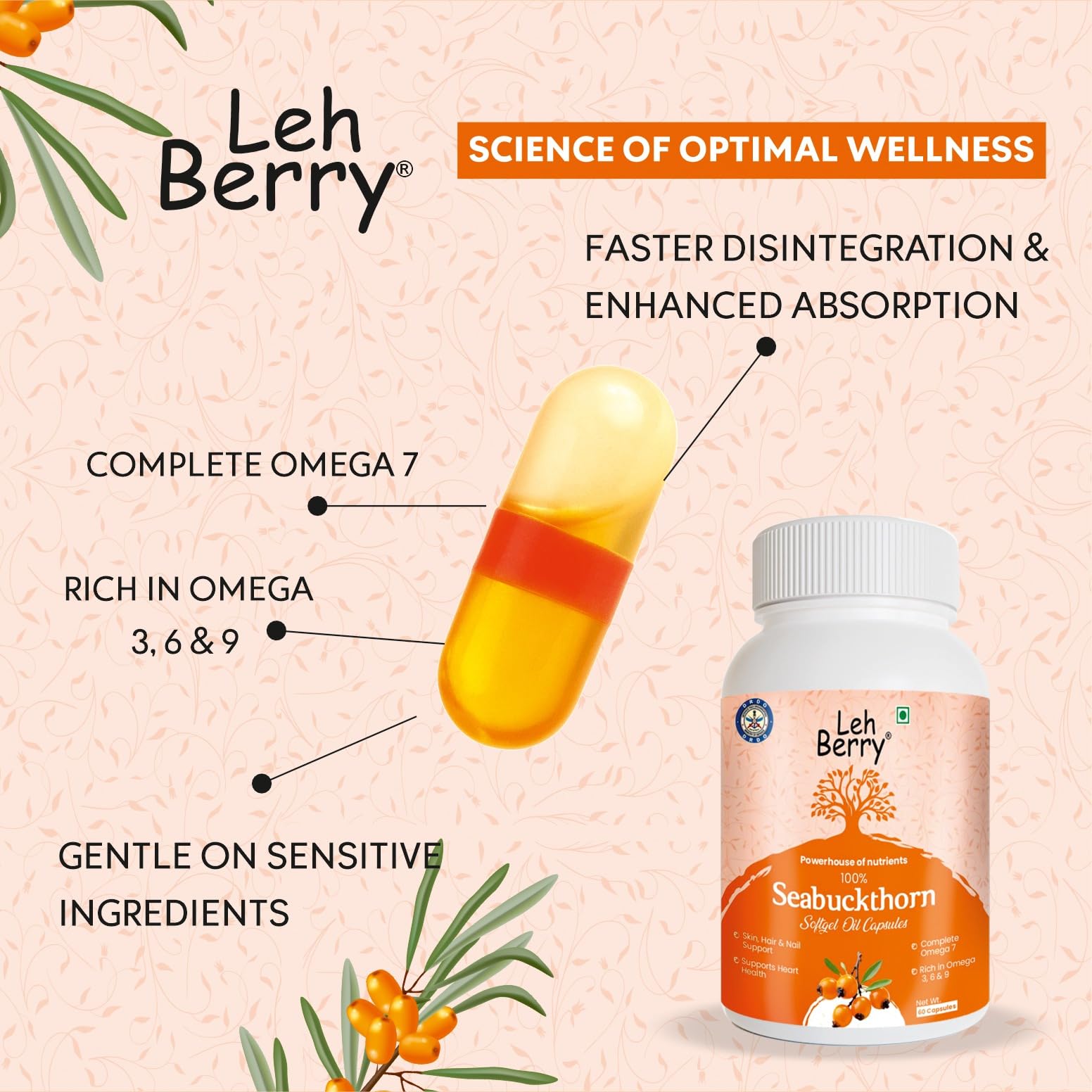 Sea Buckthorn Softgel Oil Capsules 500mg (60 Capsules) | Omega 3 6 7 9 Rich | Natural Skin, Hair, Eye & Heart Support Supplement | No Added Chemicals, Vegetarian Source — Amazon image 3