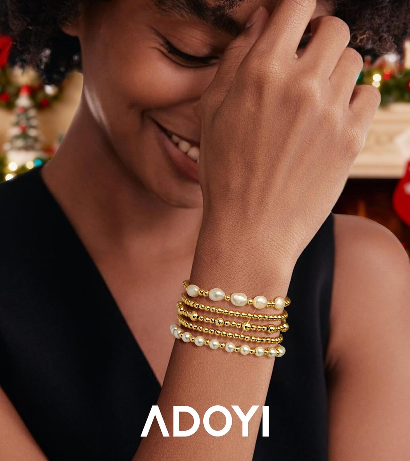 adoyi Gold Bracelets for Women Beaded Bracelet 14K Gold Plated Bracelet Stack Strand Stretch Bead Ball Bracelet Set Stackable Bracelet Adjustable Bracelet Set Jewelry for Gifts - Image 6