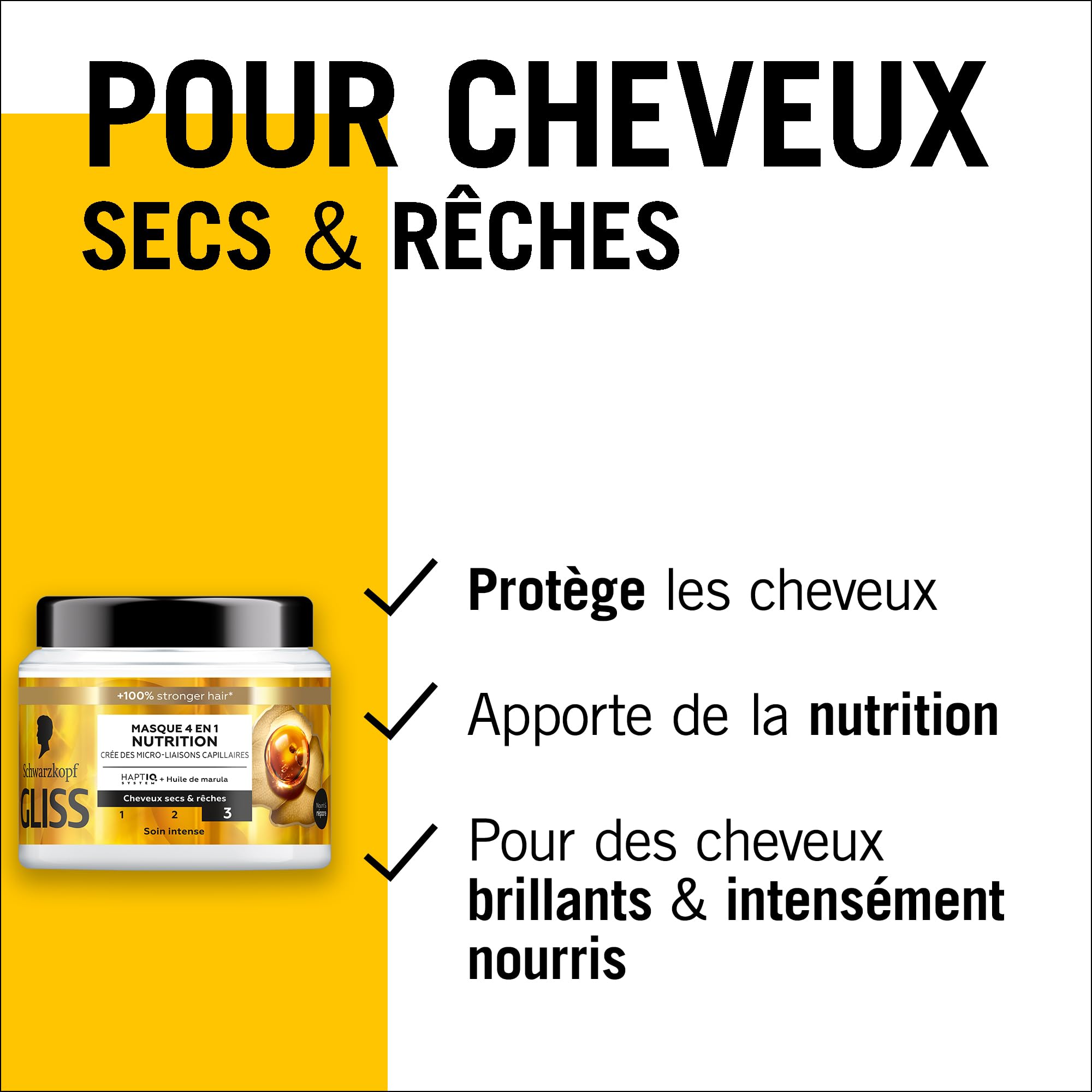 GLISS, Schwarzkopf, Masque 4en1, Nutrition, Huile de Marula, Haptiq System, Cree des Micro Liaisons Capillaires, Cheveux Secs et Reches, Soin Intense, Nourrit & Repare, 400ml