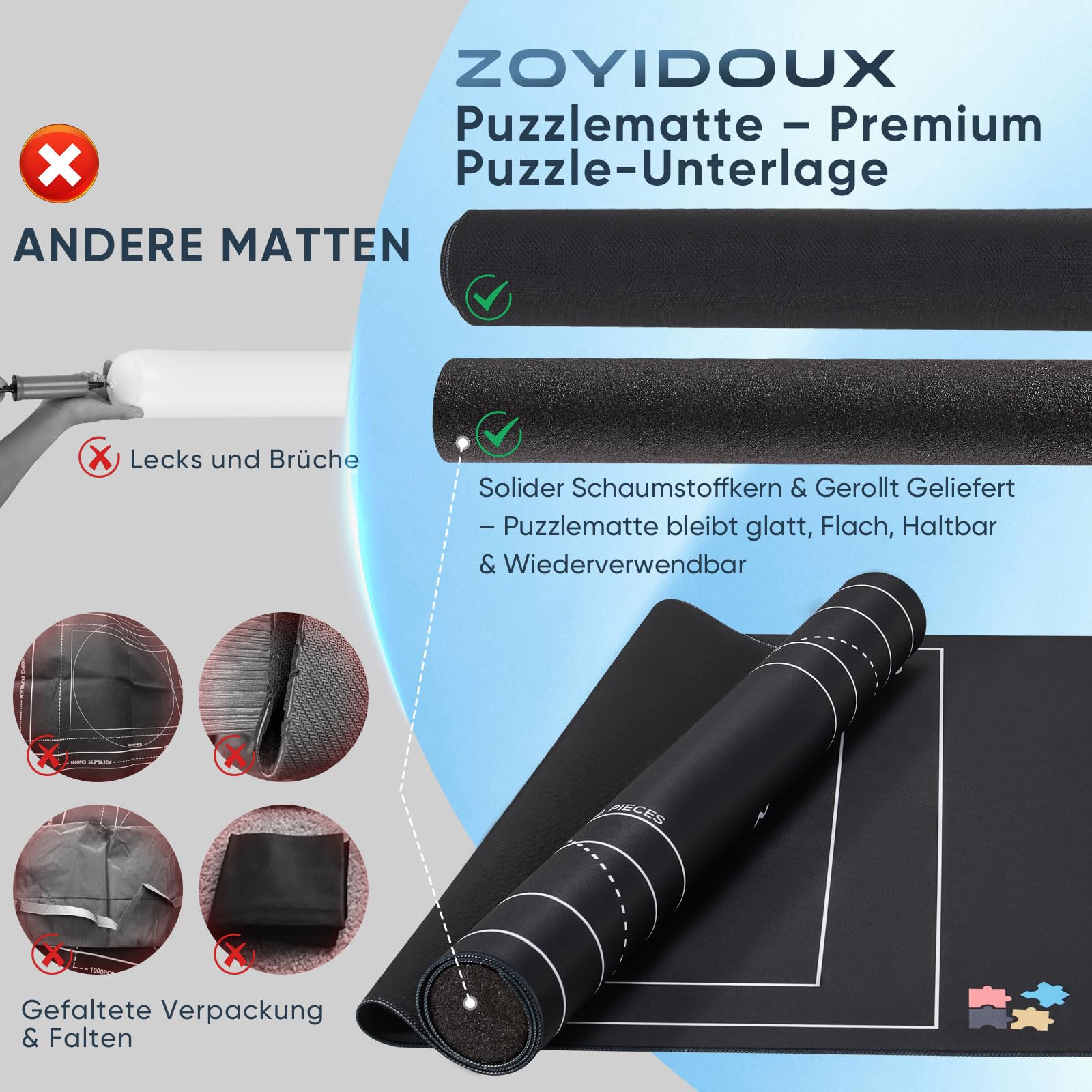 ZOYIDOUX Puzzlematte Rollmatte bis 1500 Teile – Glatte Polyester-Oberfläche, rutschfeste Gummi-Unterseite, 6 Sortierschalen, Klettbänder, Schaumstoffrolle & Tragetasche zur Puzzle Aufbewahrung