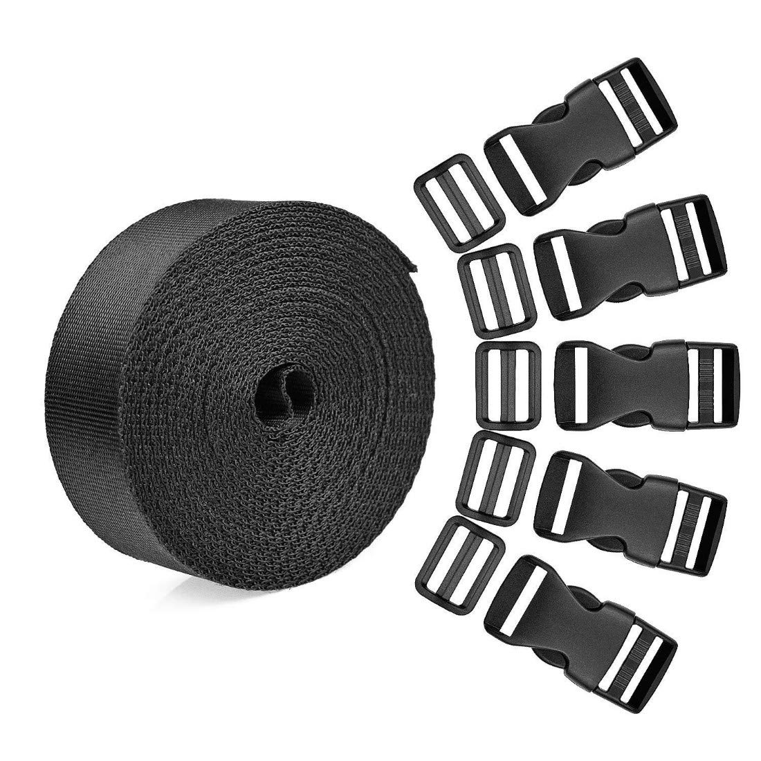 DIY Crafts Quick Release Buckle Set & Tri-Glide Adjustment Clips with 10 Meter Black Webbing Ribbon - (Pack of 15 Pcs, 1 Inch)