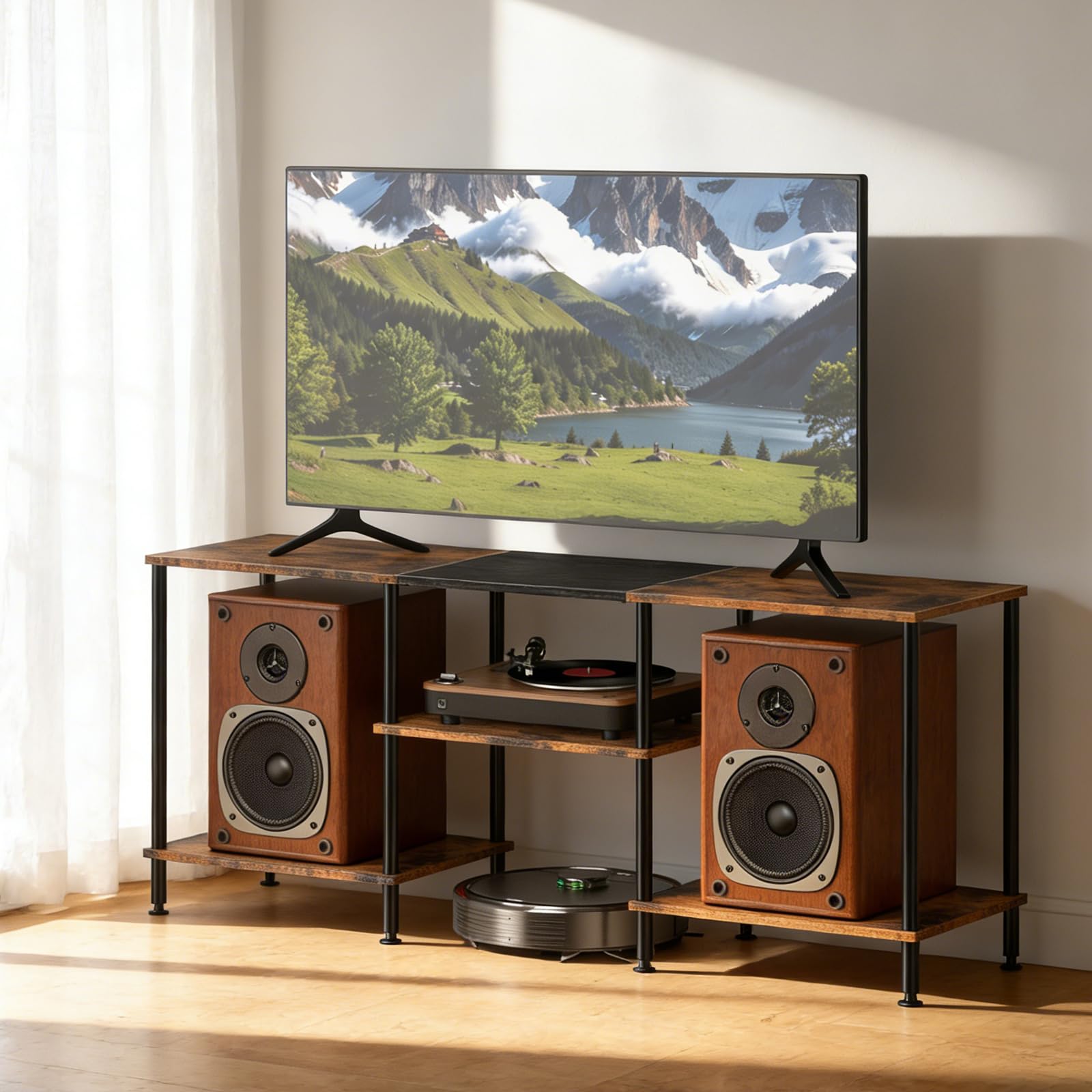 TV Schrank Ständer 3-Stufiges Regal TV-Schrank Freistehend für 50-Zoll-Fernseher Fernseher Schrank mit Verstellbare Standfüße TV Möbel Rustikaler für Wohnzimmer Schlafzimmer Hotels (Braun)