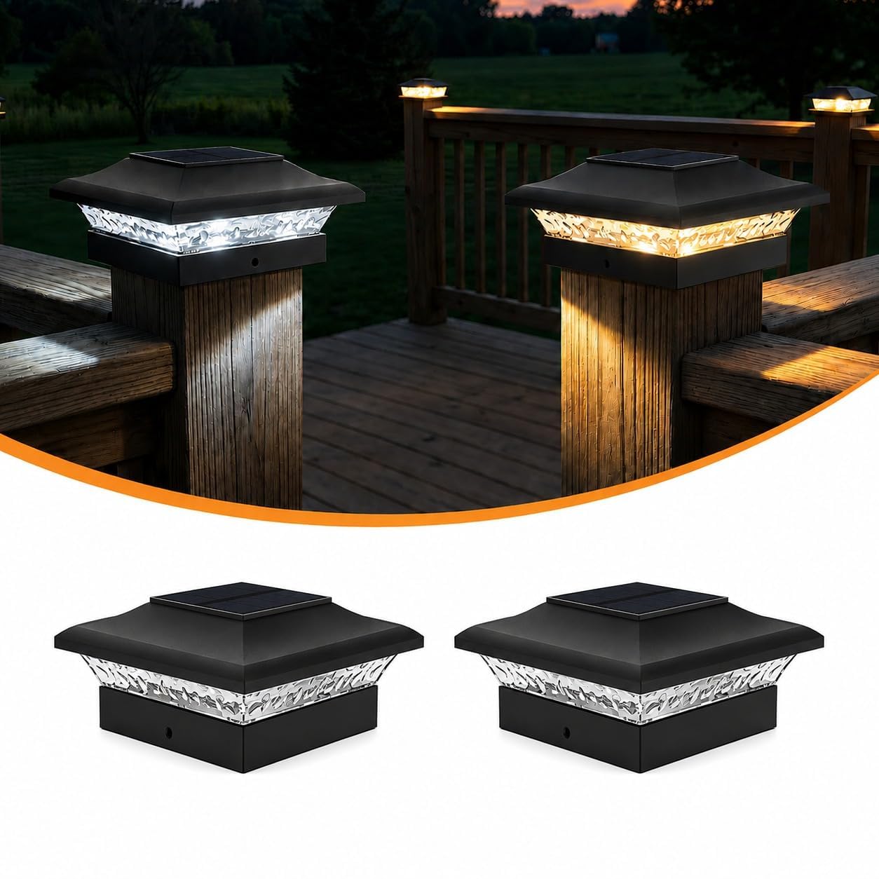 ILIKEPOW Solar LED Post Lights for 4x4 Wooden Posts White 6000K 2pcs