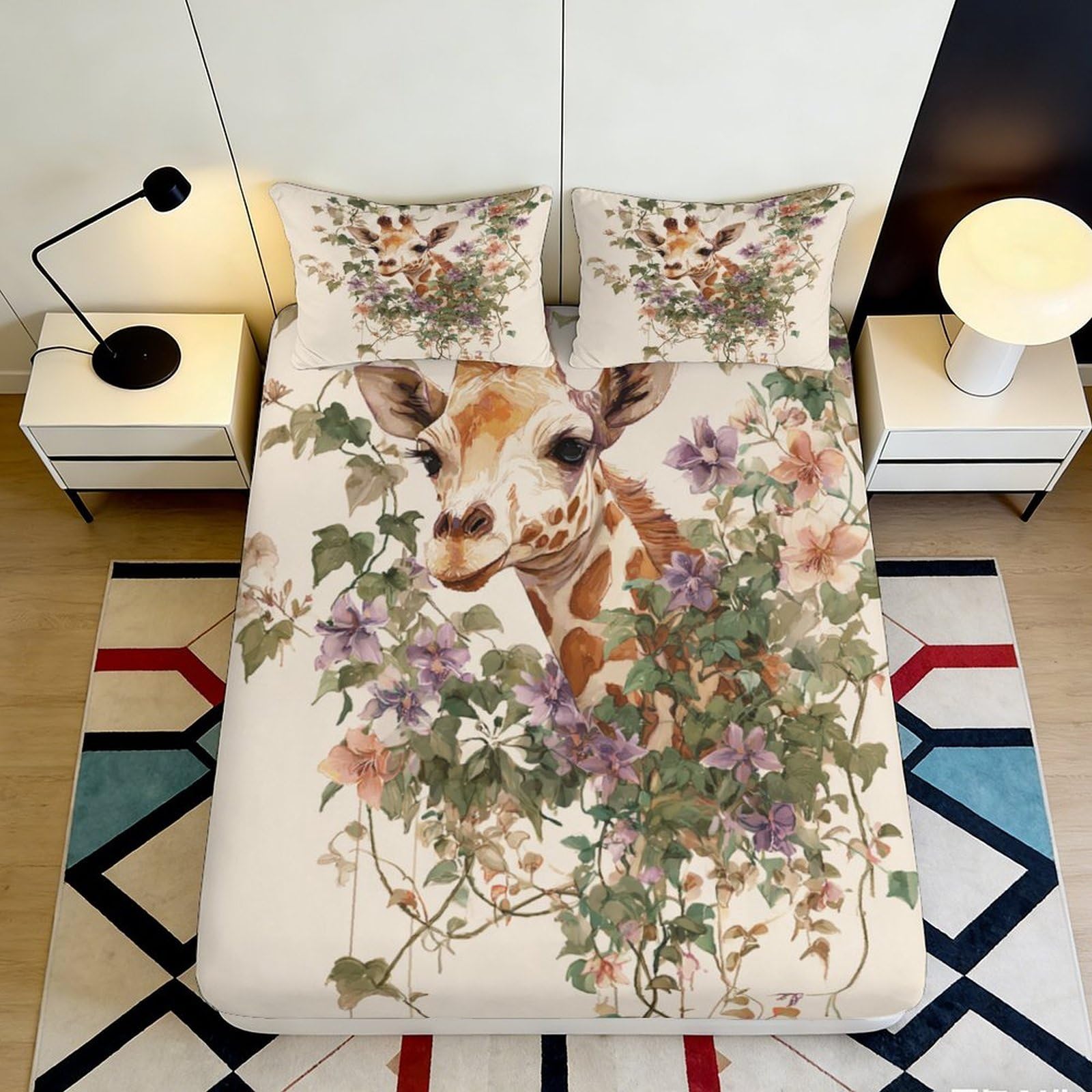 3D Printed Giraffe Floral Fitted Sheet Microfiber Soft Mattress Cover Anti-Slip Washable for Bedroom Dorm Décor 90x200x25cm