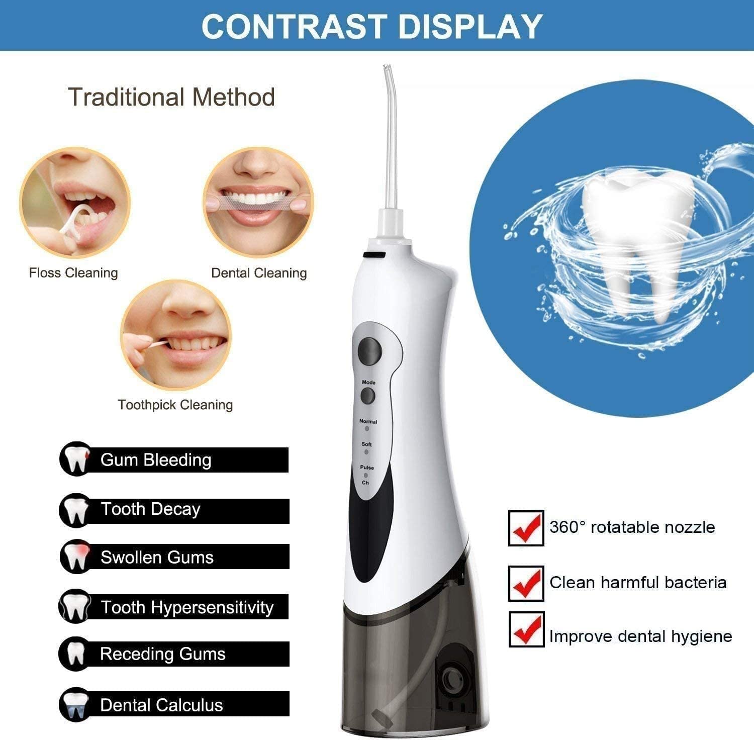 GeRRiT Water Flosser ML Irrigador bucal dental inalámbrico, 3 modos y 4 puntas de chorro, IPX7 a prueba de agua con bolsa de viaje, limpiador de dientes impermeable recargable for el hogar y los viaje