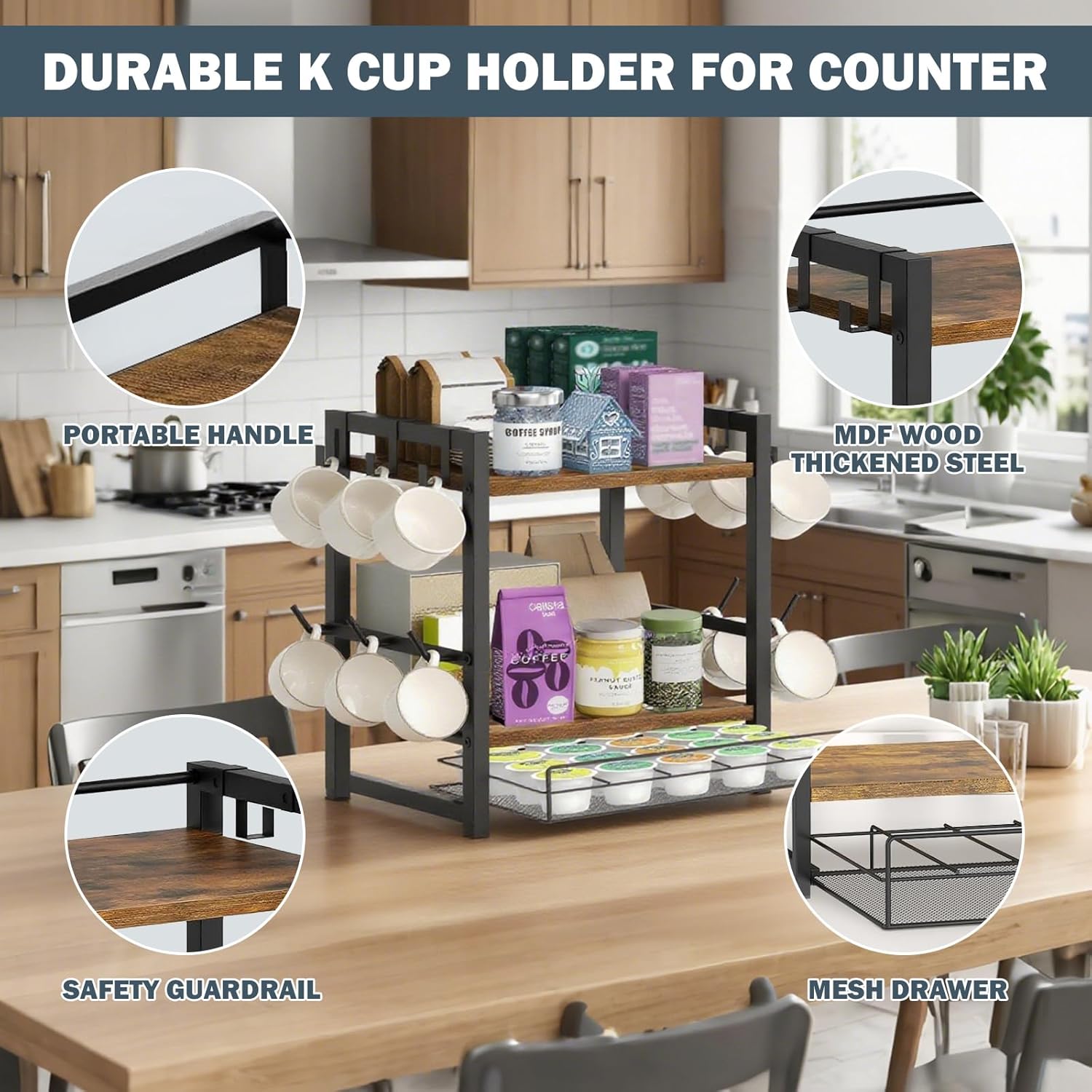 Coffee Bar Organizer,3 Tier K Cup Holder for Counter,Coffee Pod Drawer Holder with 12 Mug Hooks,K Cup Drawer Organizer for Syrup,Tea,Bean,Coffe Bar Accessories for Kitchen&Home Office