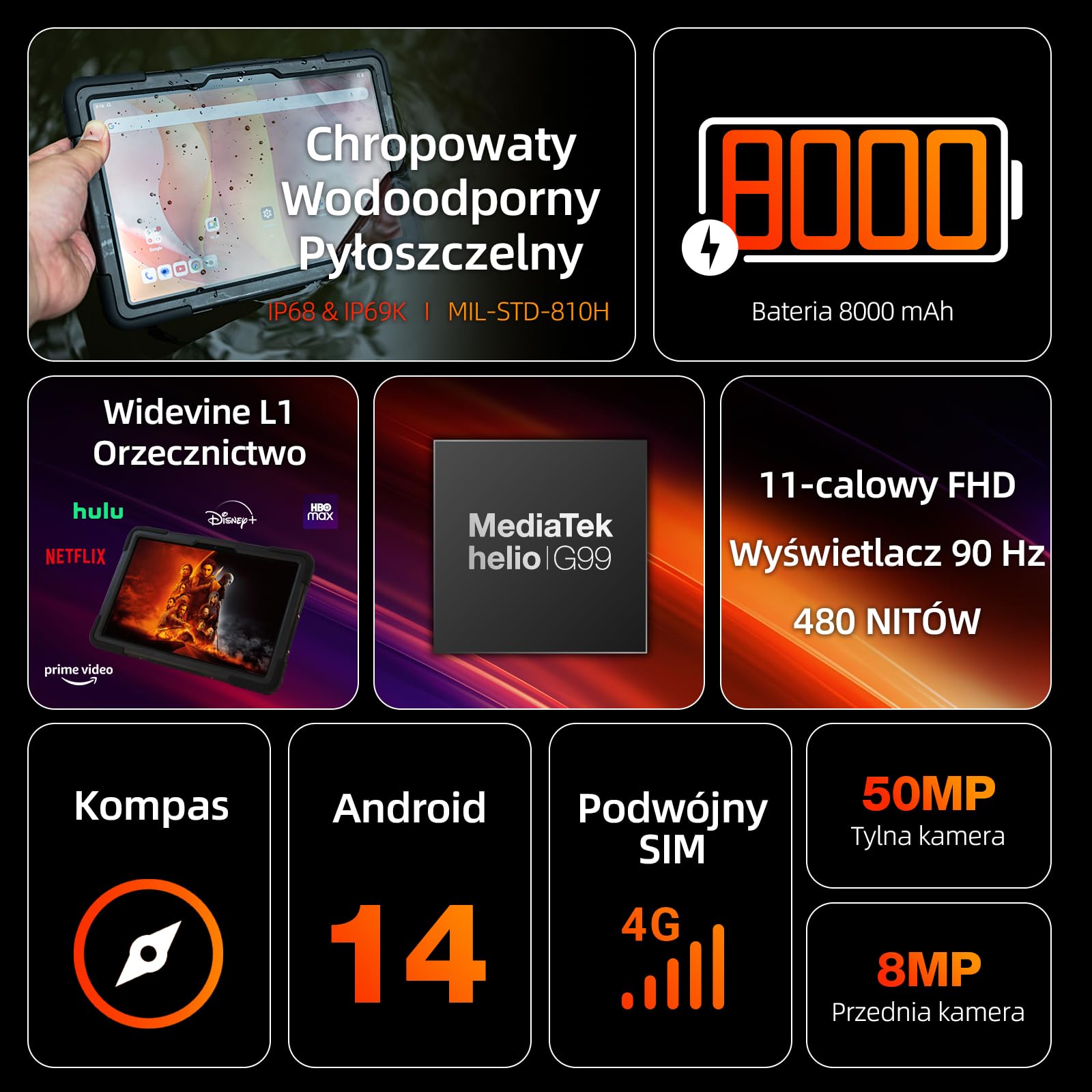 AGM PAD P2 aktywny tablet z systemem Android z klawiaturą i długopisem (2024), 16 (8+8) GB + 256 GB, wodoodporny tablet zewnętrzny FHD 11 cali, Dual SIM 4G/WiFi 6/OTG//Widevine L1/G99, zawiera etui +