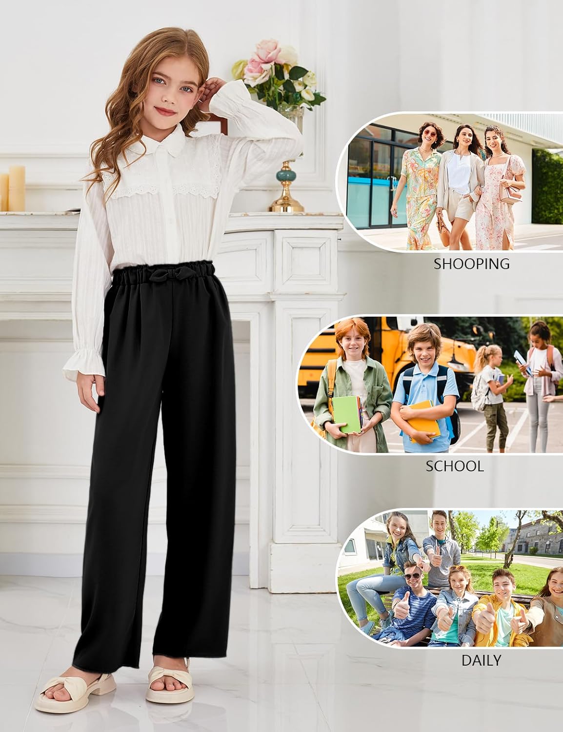 Girls Wide Leg Palazzo Pant Loose Straight Cute Bow Waist Spring Summer Lightweight Dress Pant for Kids 5-14Y - Image 6