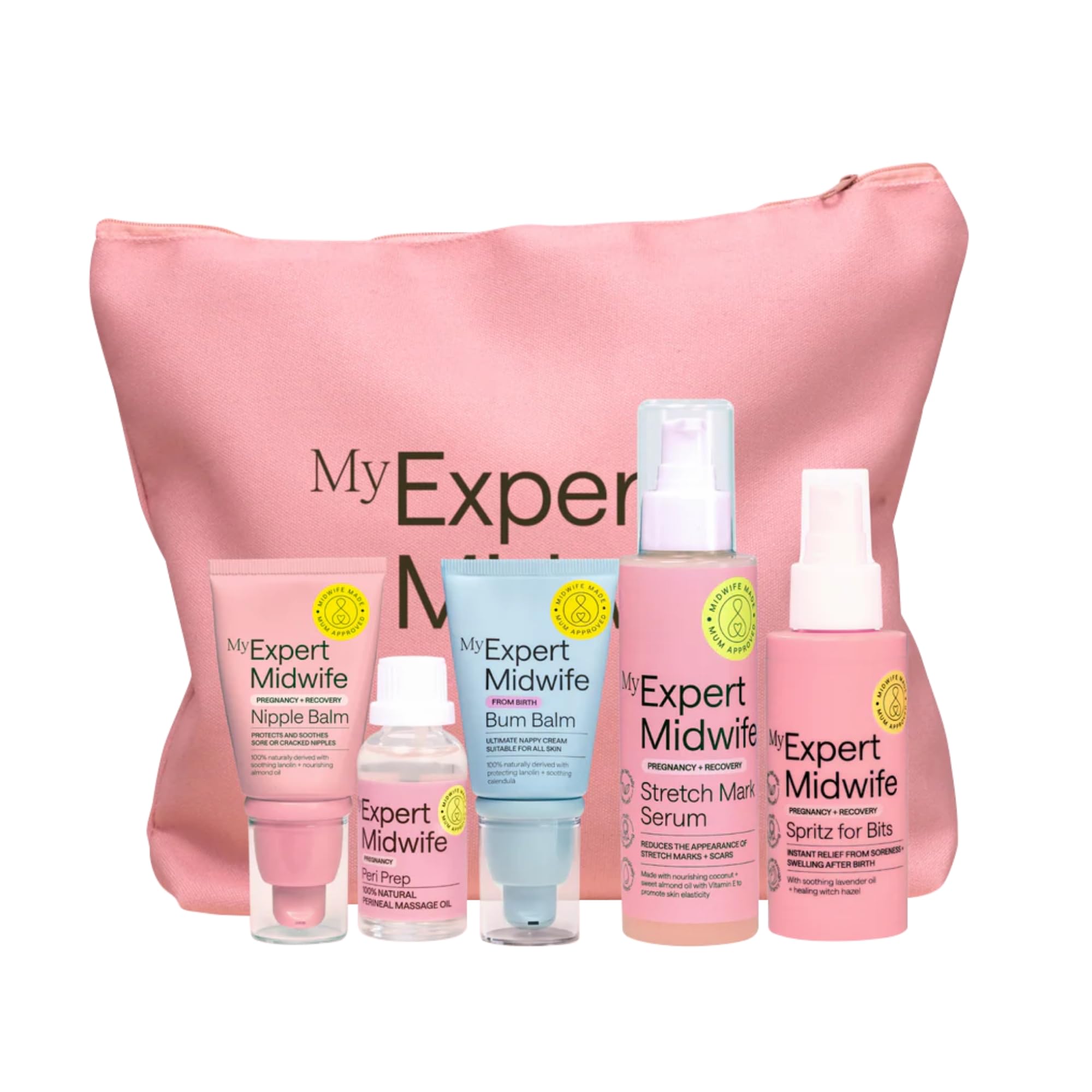 My Expert Midwife Mum to Be Pregnancy and Postnatal Maternity Essentials for hospital bag with Fantastic Skin Elastic, Peri Prep Your Bits, Spritz for Bits, No Harm Balm & No Harm Bum Balm