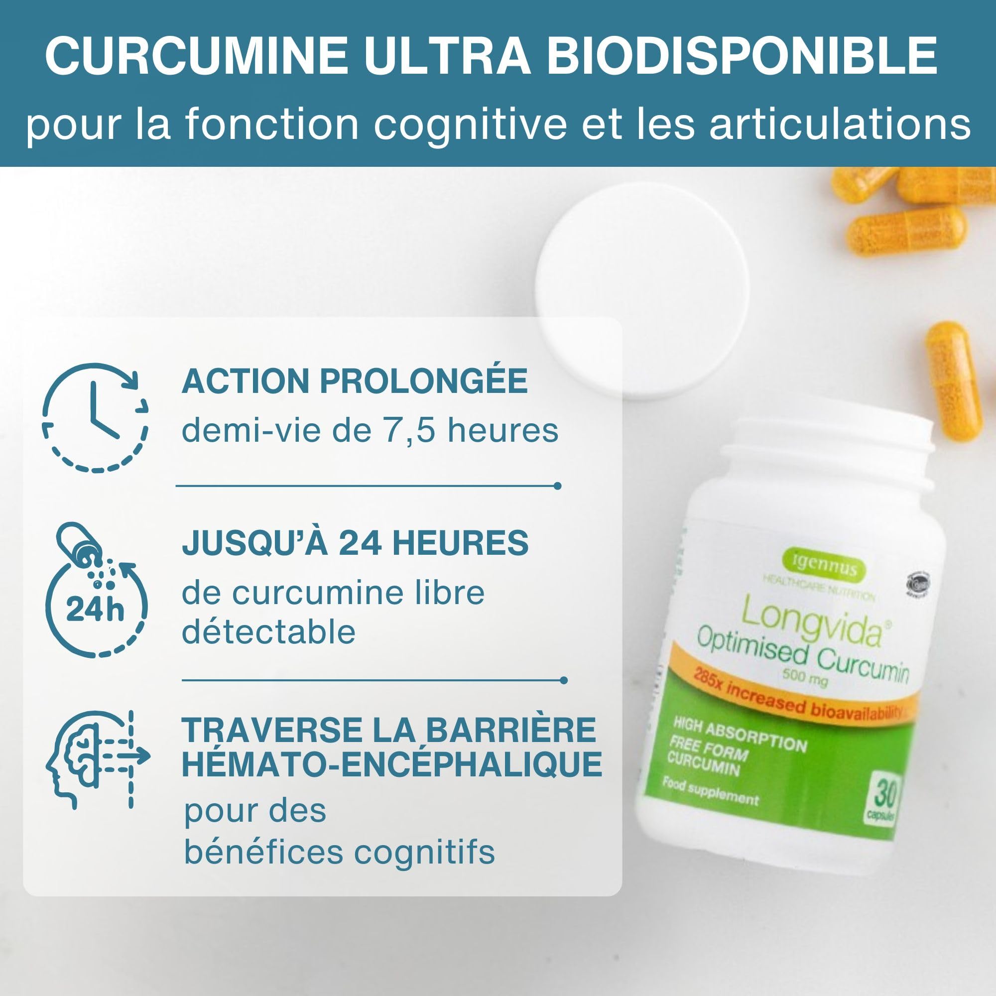 Igennus Longvida Curcumine Lipidée 500 mg, Ultra biodisponible & Action prolongée, 65x plus de concentration plasmatique, Soutien intensif, Curcumine libre, Végan, 30 capsules