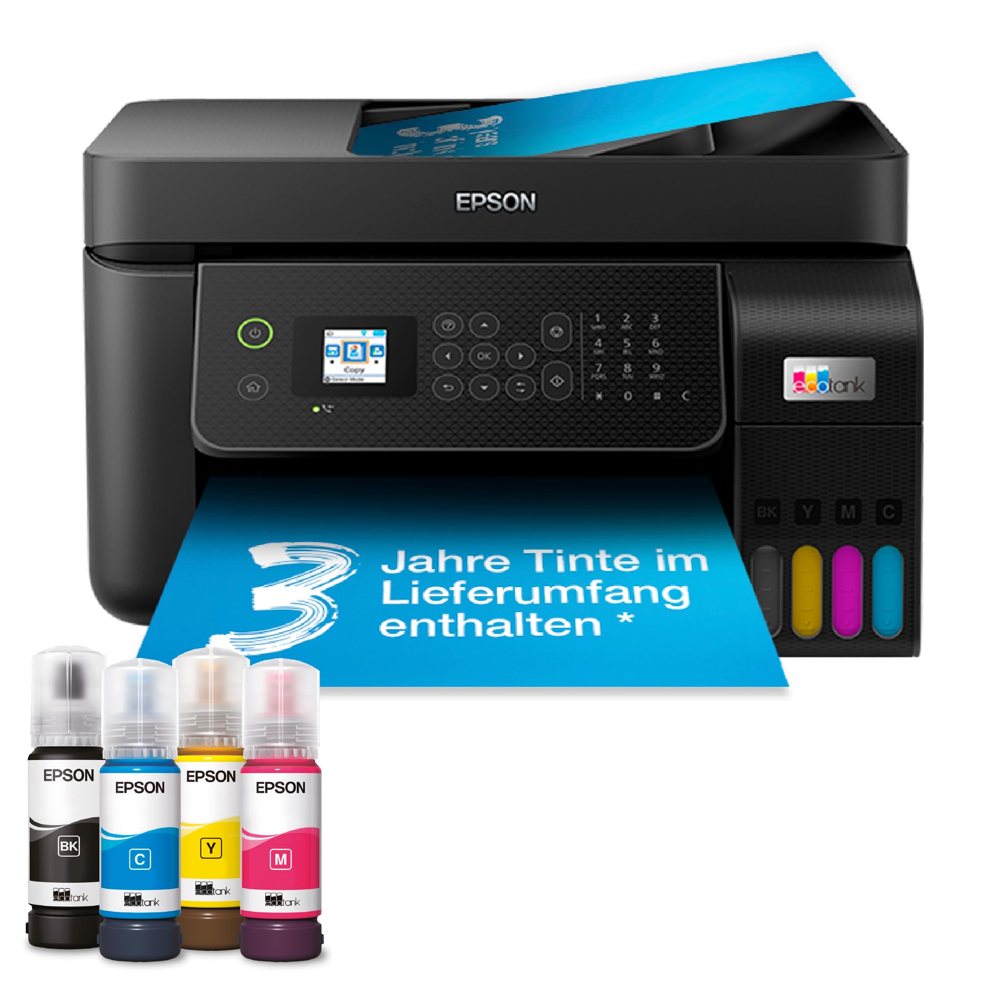Epson EcoTank ET-4800 Tintentankdrucker | für Zuhause & kleine Büros | WLAN & Ethernet| A4 | Drucken, Kopieren, Scannen, Faxen | 3.7cm LCD-Display Bildschirm | ADF | inkl. Tinte für bis zu 3 Jahre