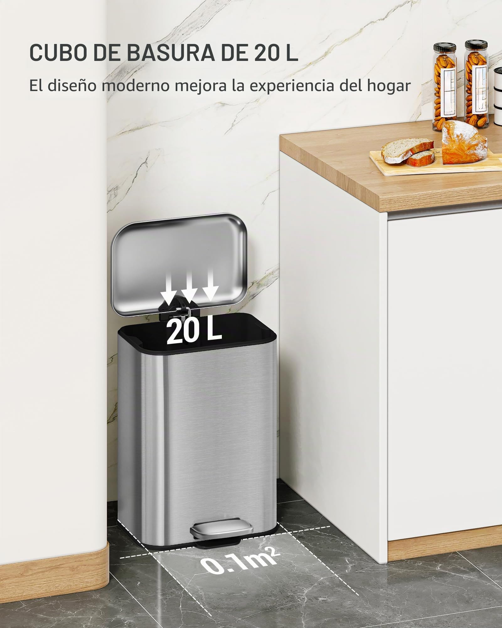 Hzuaneri Cubo Basura 20L, Basura Cocina con Pedal, Acero Inoxidable, Barril Interior Separado, 15 Bolsas, Plata SW12099B