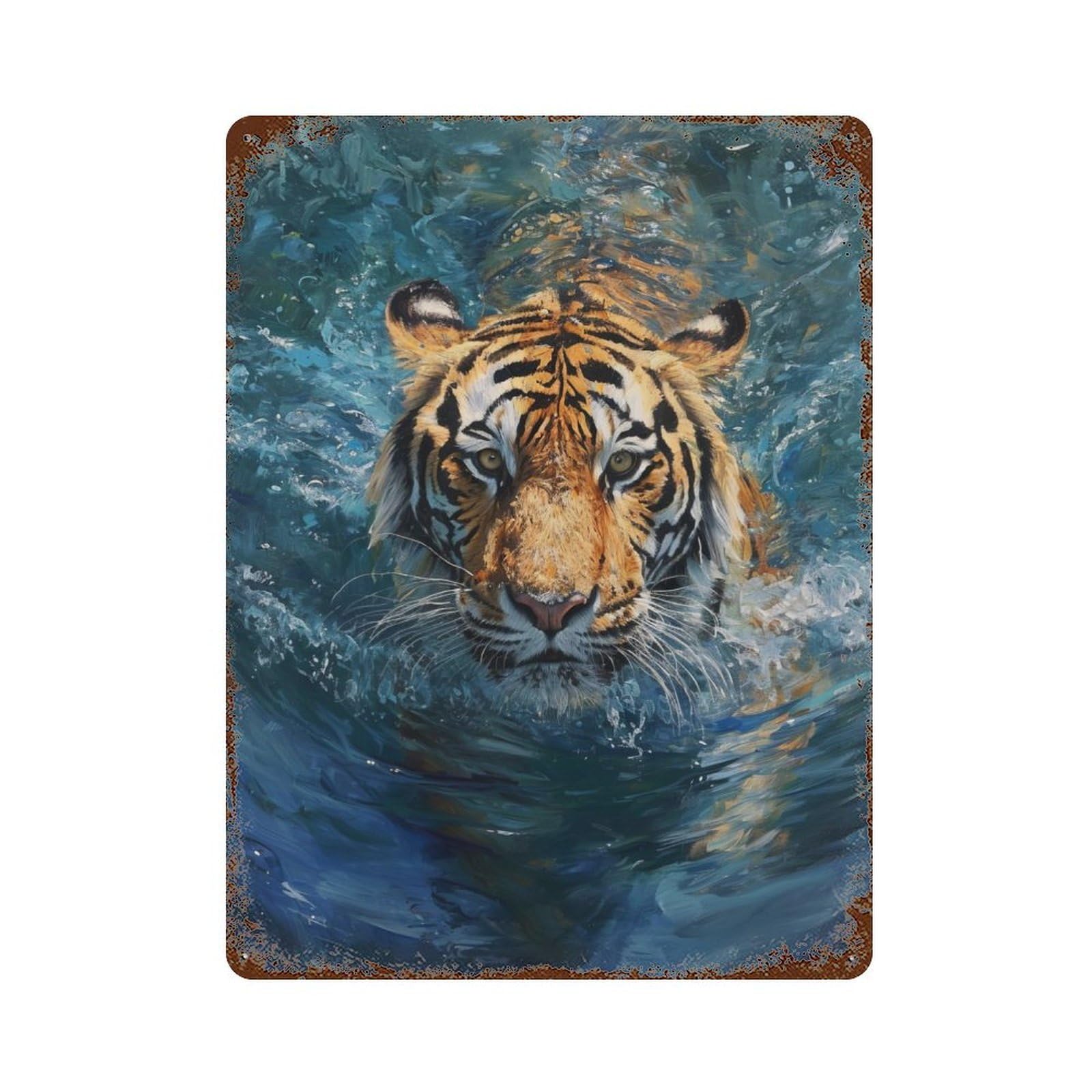 Aquatic Tiger Portrait Rustic Tin Plaque 15.7"x11.8", Ideal for Shed, Workshop And Garage Wall Decor