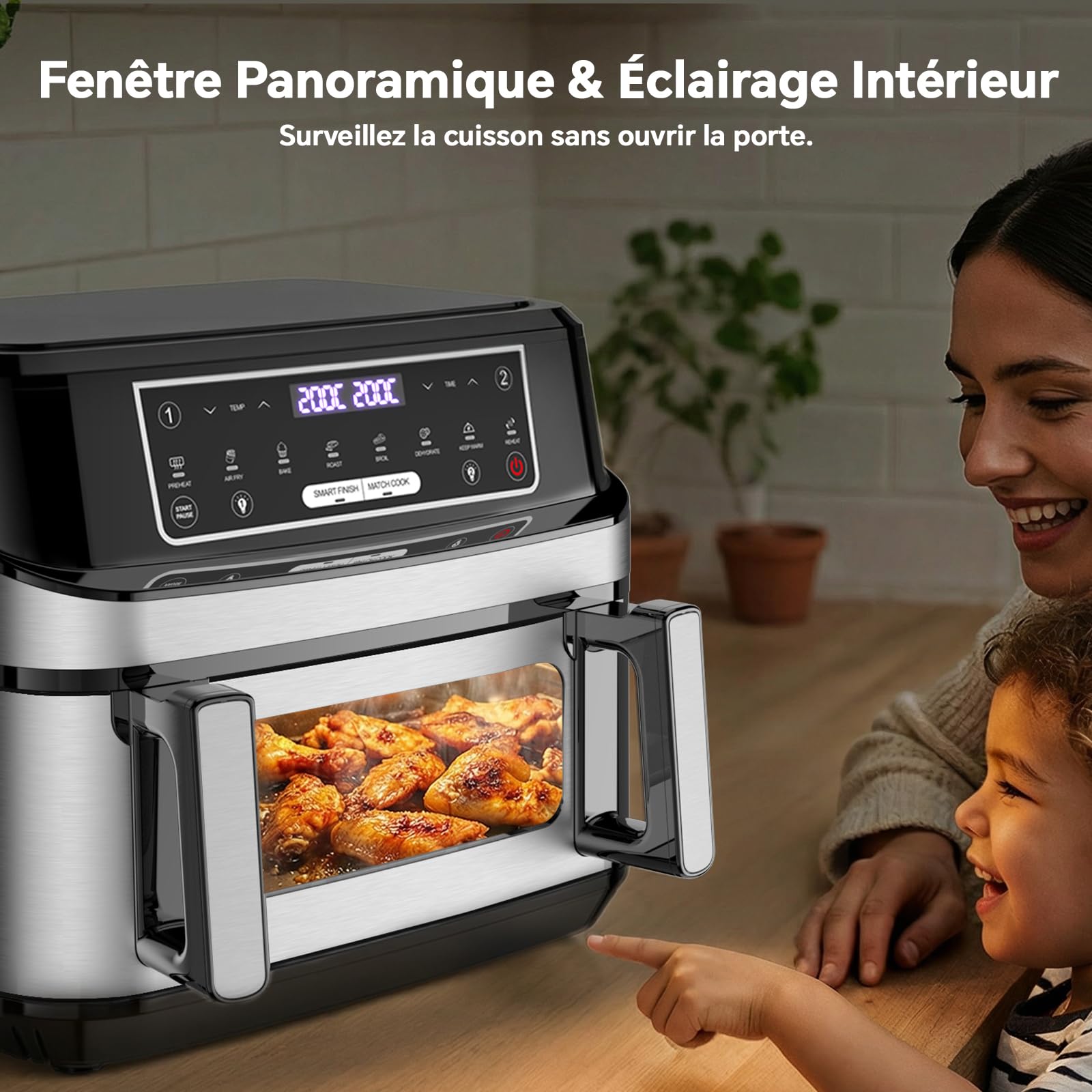 Air Fryer 12L | Friteuse à Air Chaud XXL Mode Flexible 1 ou 2 Zones, 2600W Double Chauffage Contrôle Indépendant Fenêtre et Éclairage, Friteuse sans Huile 2 Compartiments 8-en-1 Écran Tactile Recettes
