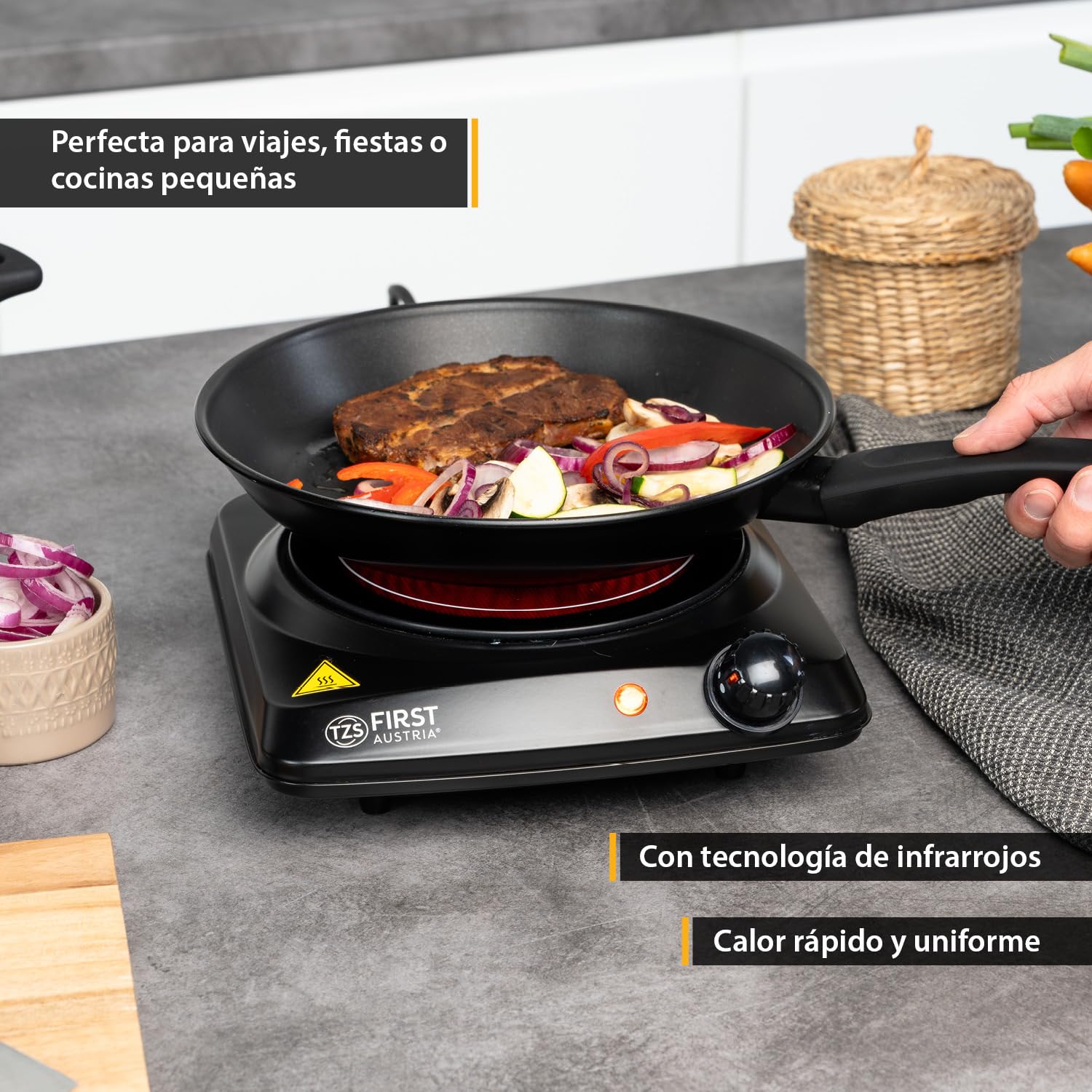 TZS First Austria placa vitrocerámica infrarrojos | Compatible con todo tipo de ollas | Placa individual 17,5 cm | Calentamiento rápido, regulación continua, luz indicadora | Camping y mudanza