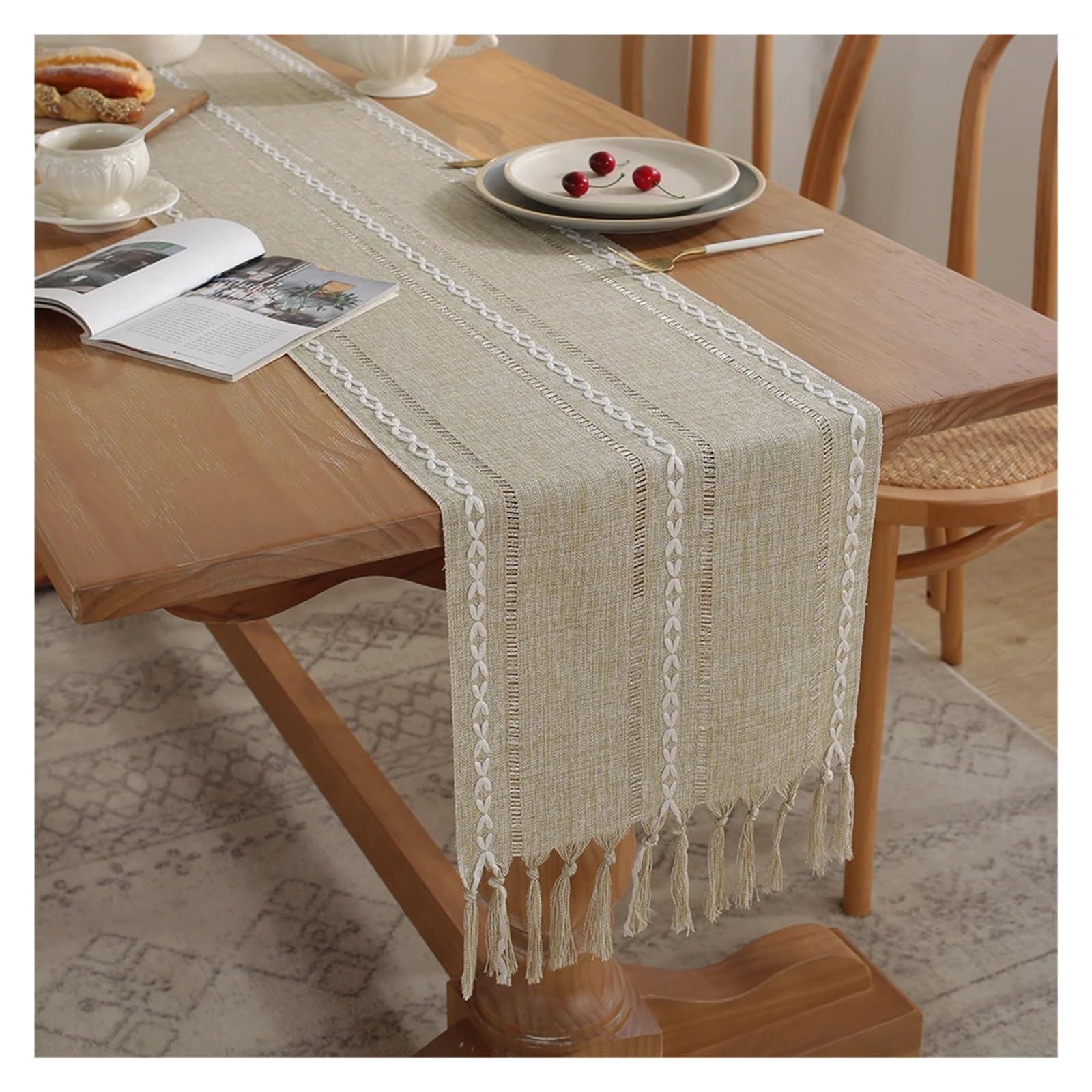Runner da tavola con frange Runner da tavolo rustico con nappe, runner ricamati in cotone e lino for decorazioni pranzo, feste di nozze(Taupe,33x228cm With Tassel)